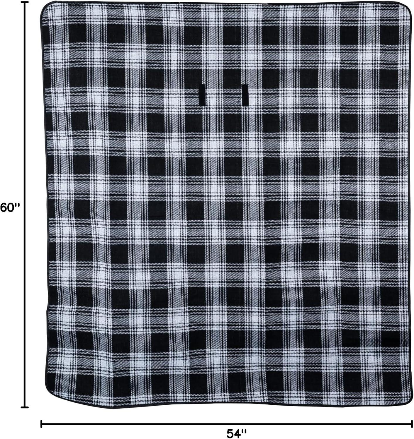 Black Plaid Waterproof Foldable Picnic Blanket with Handle