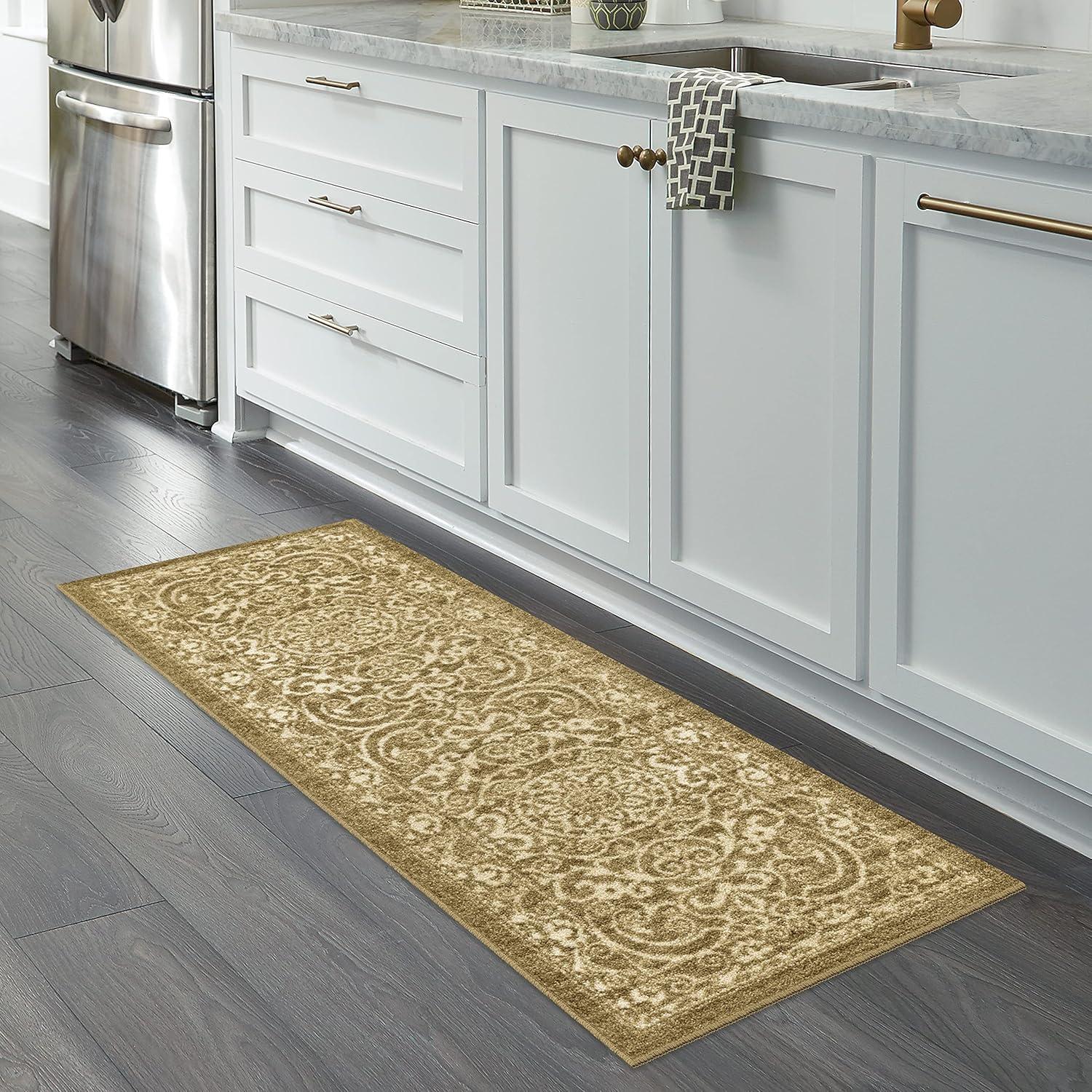 Vintage Scroll Design Khaki Synthetic Runner Rug