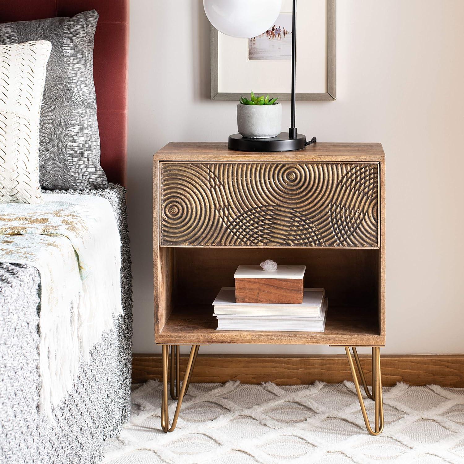 Solene Natural Wood and Brass 1-Drawer Nightstand