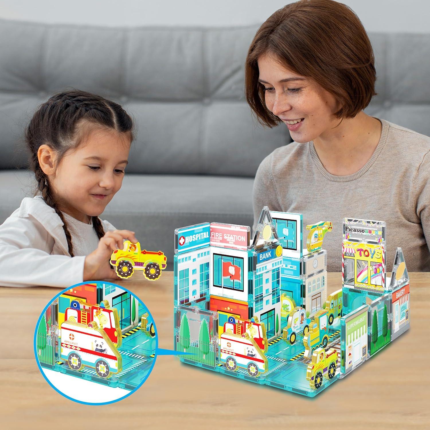 Picasso-TILES 8 PC Metro City Vehicle Themed, Magnetic Tiles, Building Blocks, STEM Toys for Kids 3+