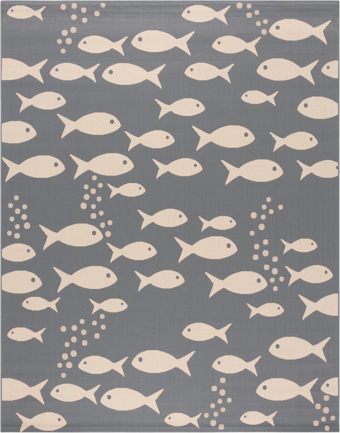 SAFAVIEH Courtyard Trena Fishes Indoor/Outdoor Area Rug, Dark Grey/Beige, 9' x 12'