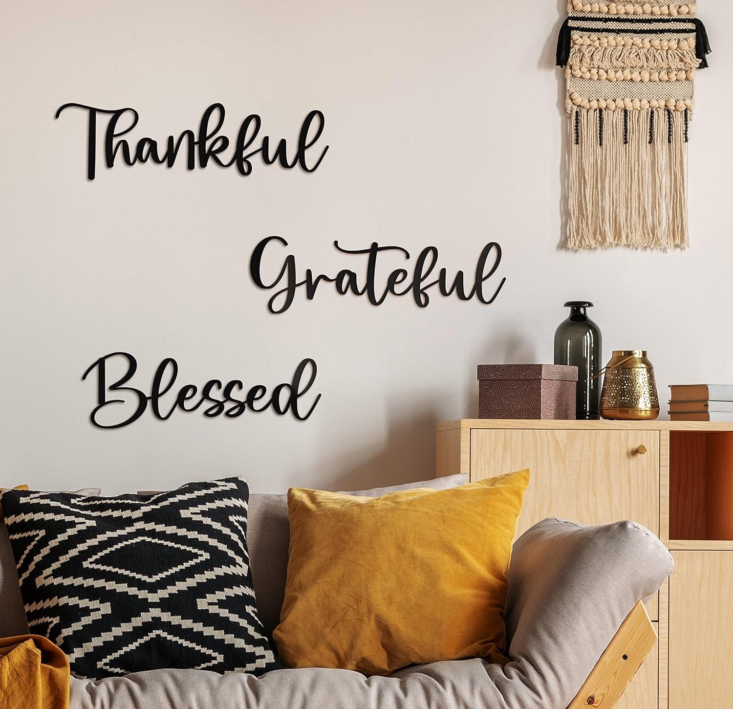 Vivegate Metal Wall Art Decor - 17.5'' x 15.5'' Thankful Grateful Blessed Signage, 3 Pieces, Black, Durable Sign for Home Decor