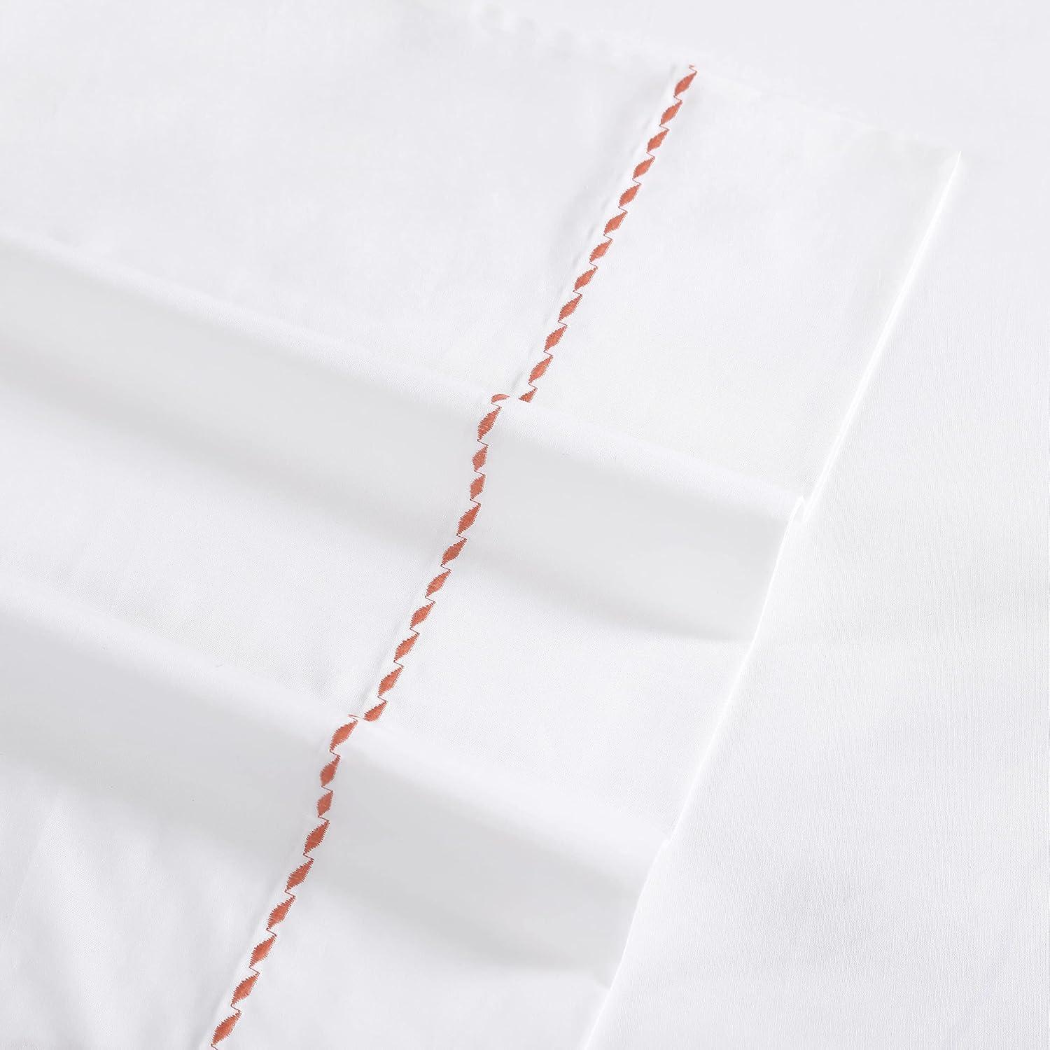 Queen White Cotton Percale Sheet Set with Orange Embroidery