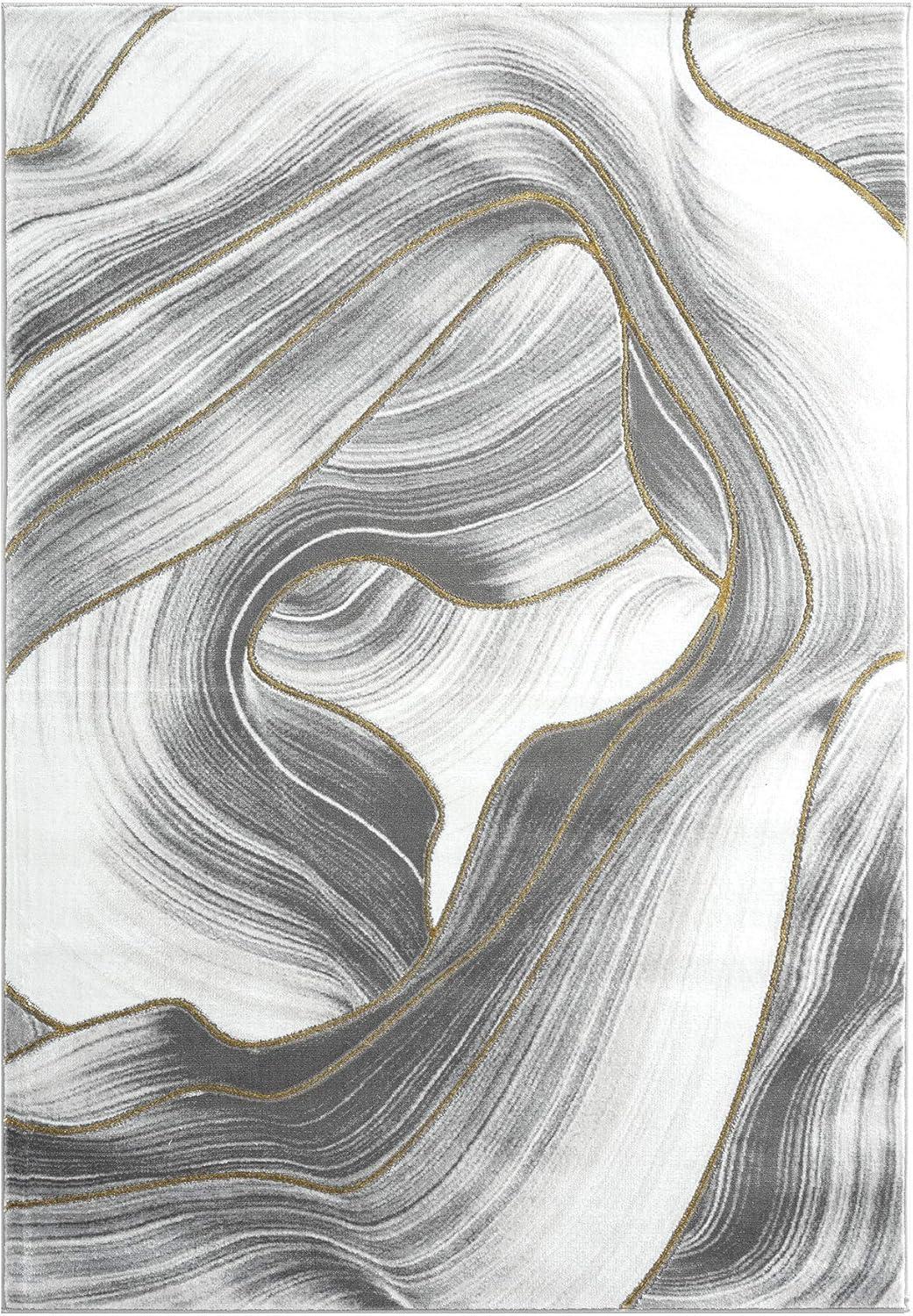 Gray and Gold Abstract Swirl Design Area Rug, 5'3"x7'6"