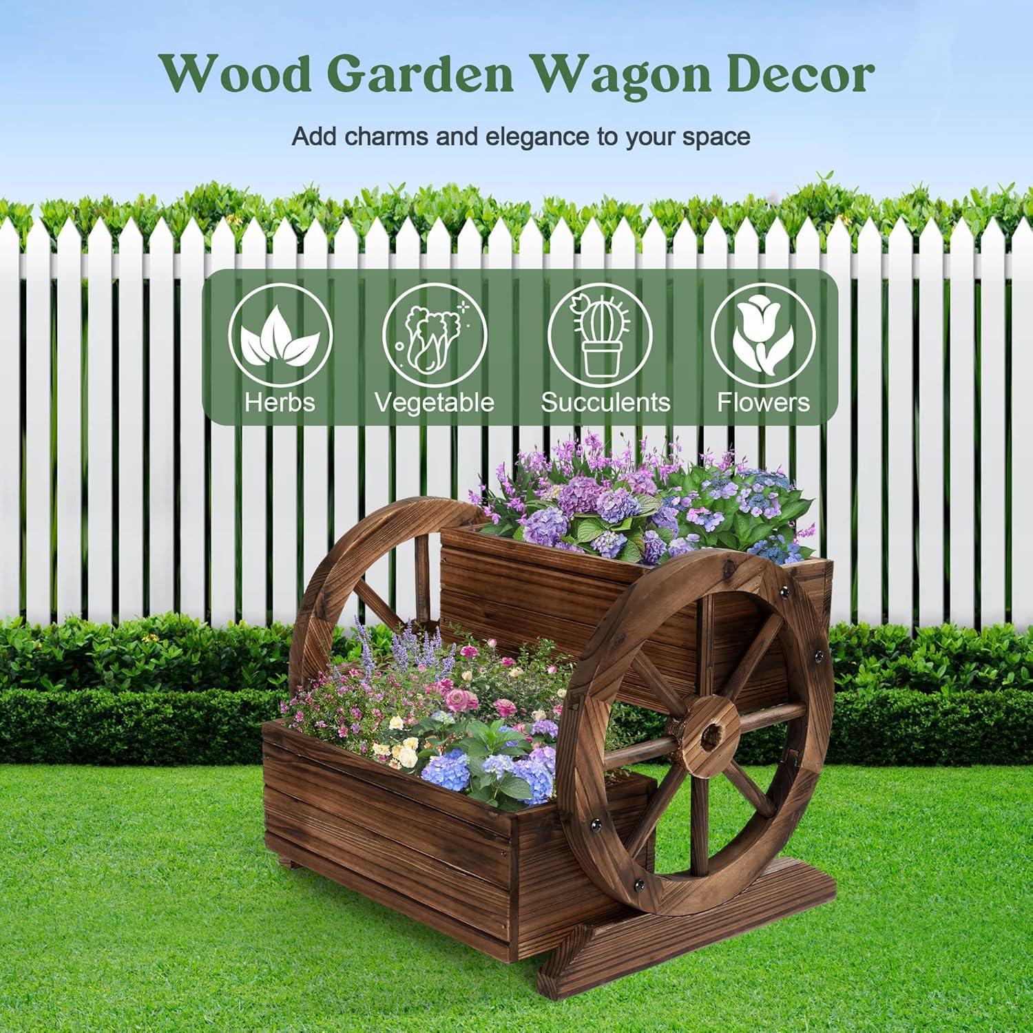 Farmhouse Décor Wooden Wagon Planter Box Outdoor 2-Tier Planter Courtyards Balconies Patios Weather-Resistant Easy Assembly & Garden Décor