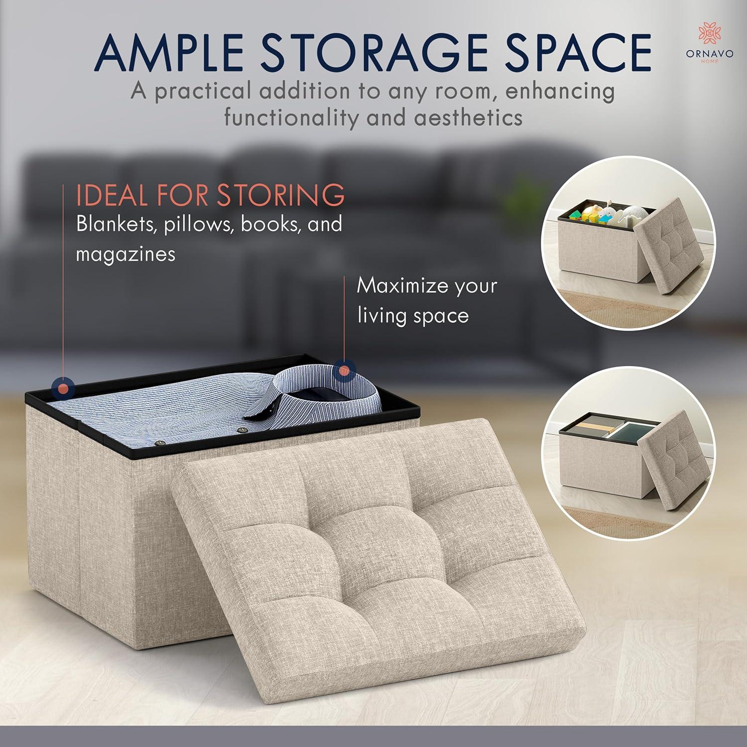 Small White Tufted Linen Foldable Storage Ottoman