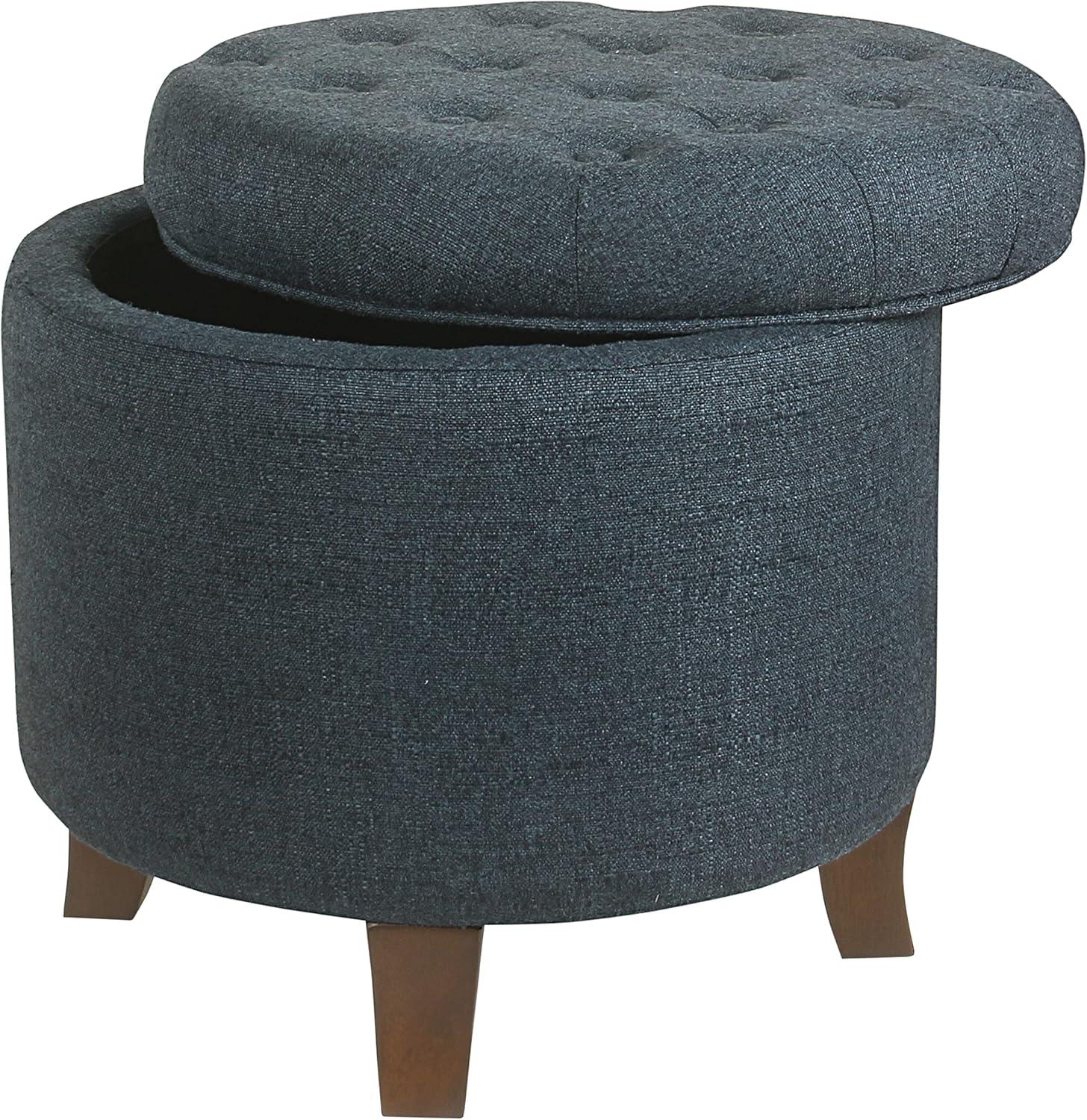 Indigo Round Tufted Storage Ottoman with Wood Legs