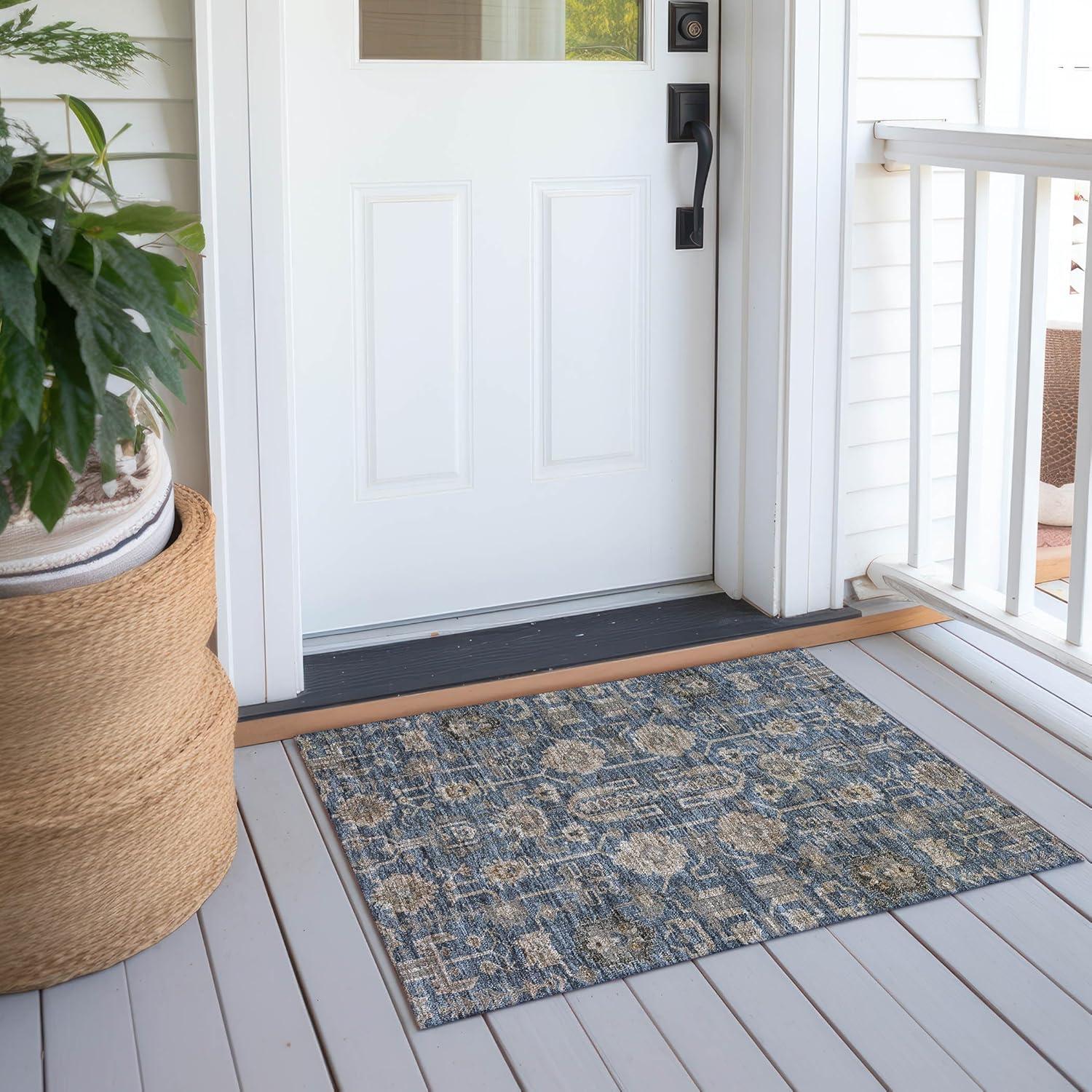 Navy and Beige Oriental Pattern Indoor Outdoor Area Rug