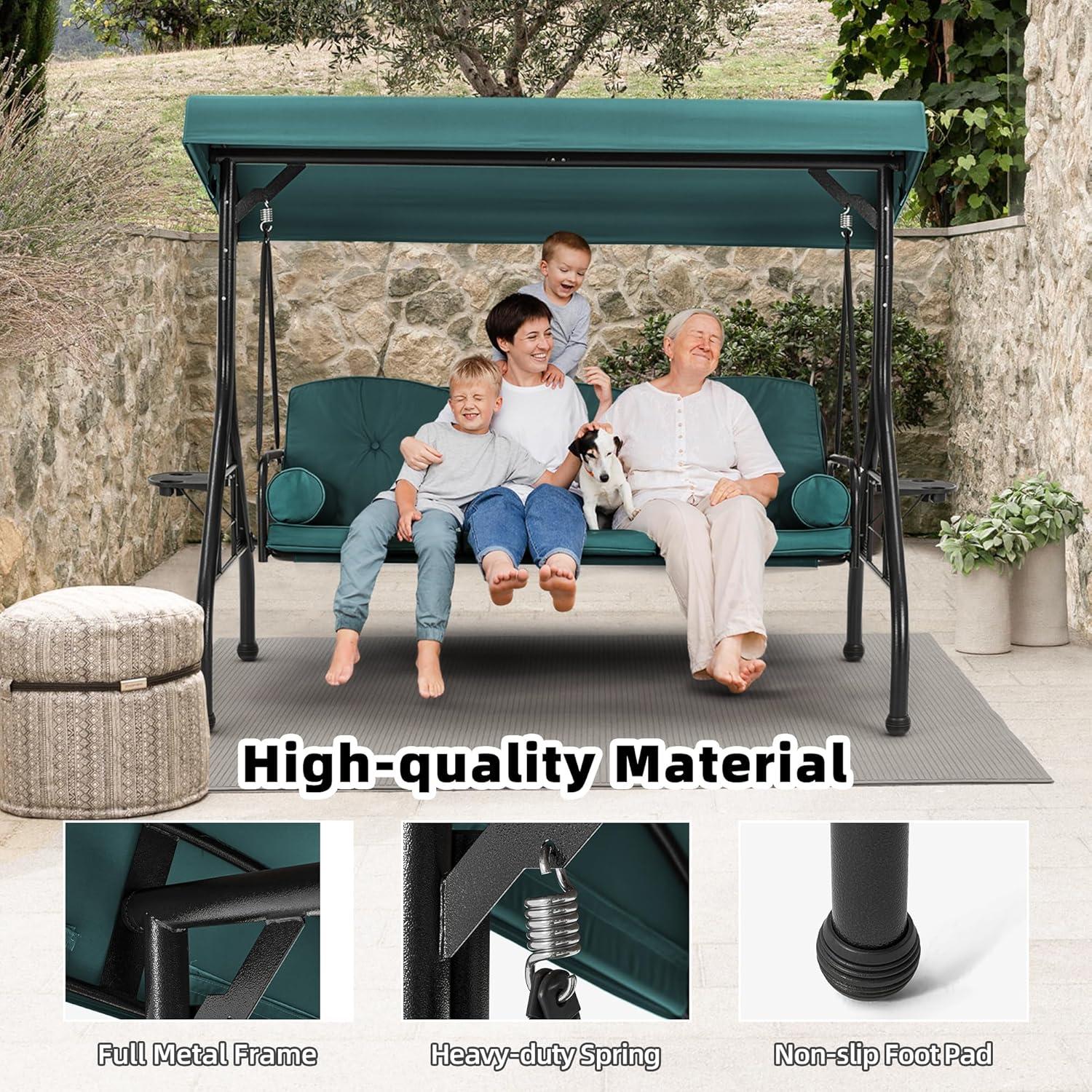 3 Seat Outdoor Porch Patio Swing With Adjustable Canopy