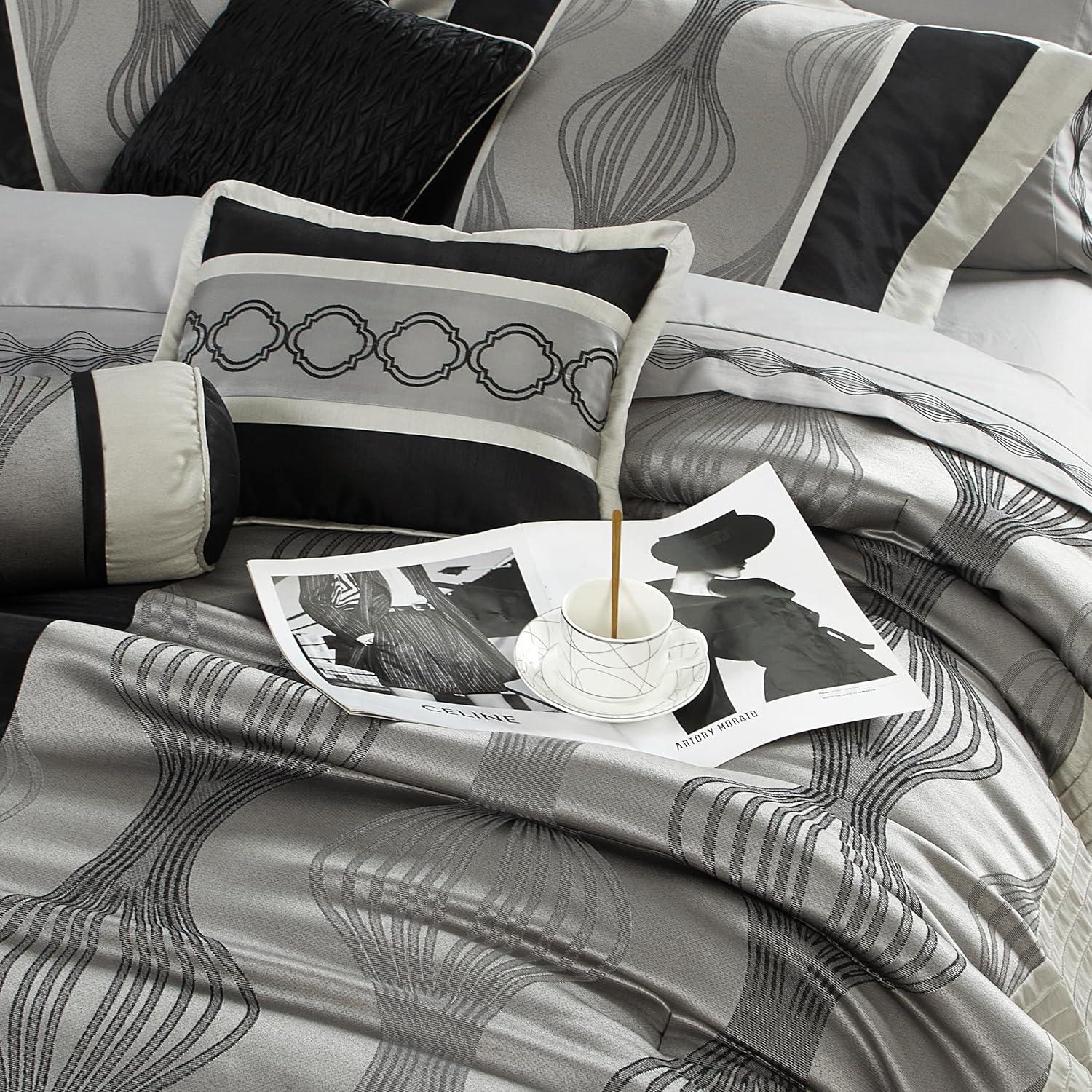 Lanco Black and Silver Comforter Set Queen Size, 7 Pieces Bedding & Collection, Jacquard All Season Comforter & Pillows, Ultra-Soft Microfiber