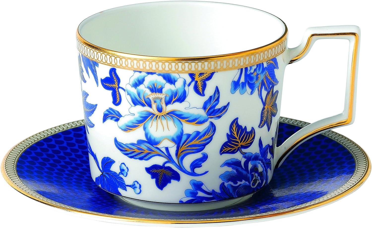 Wedgwood Hibiscus Blue and Gold Fine Bone China Teacup and Saucer