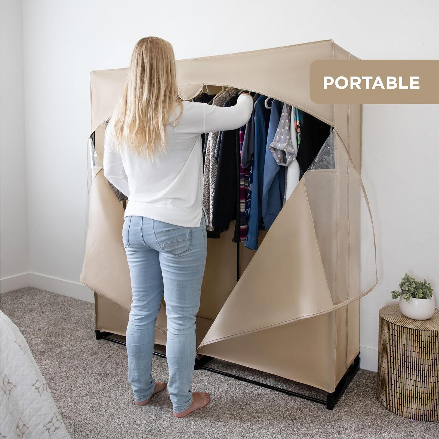 HOLDN’ STORAGE Portable Wardrobe Closet, Large - Premium Heavy Duty Metal Hanging Rod with Black Cover- 50 Lb. Weight Capacity- Super Easy Assembly, No Tools Required