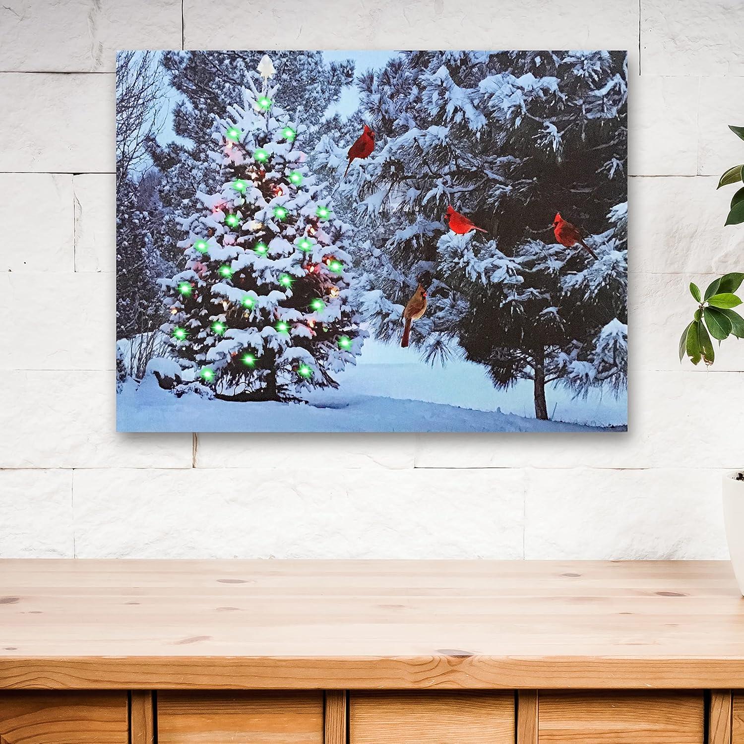 Christmas Tree & Cardinal Birds LED Canvas Print