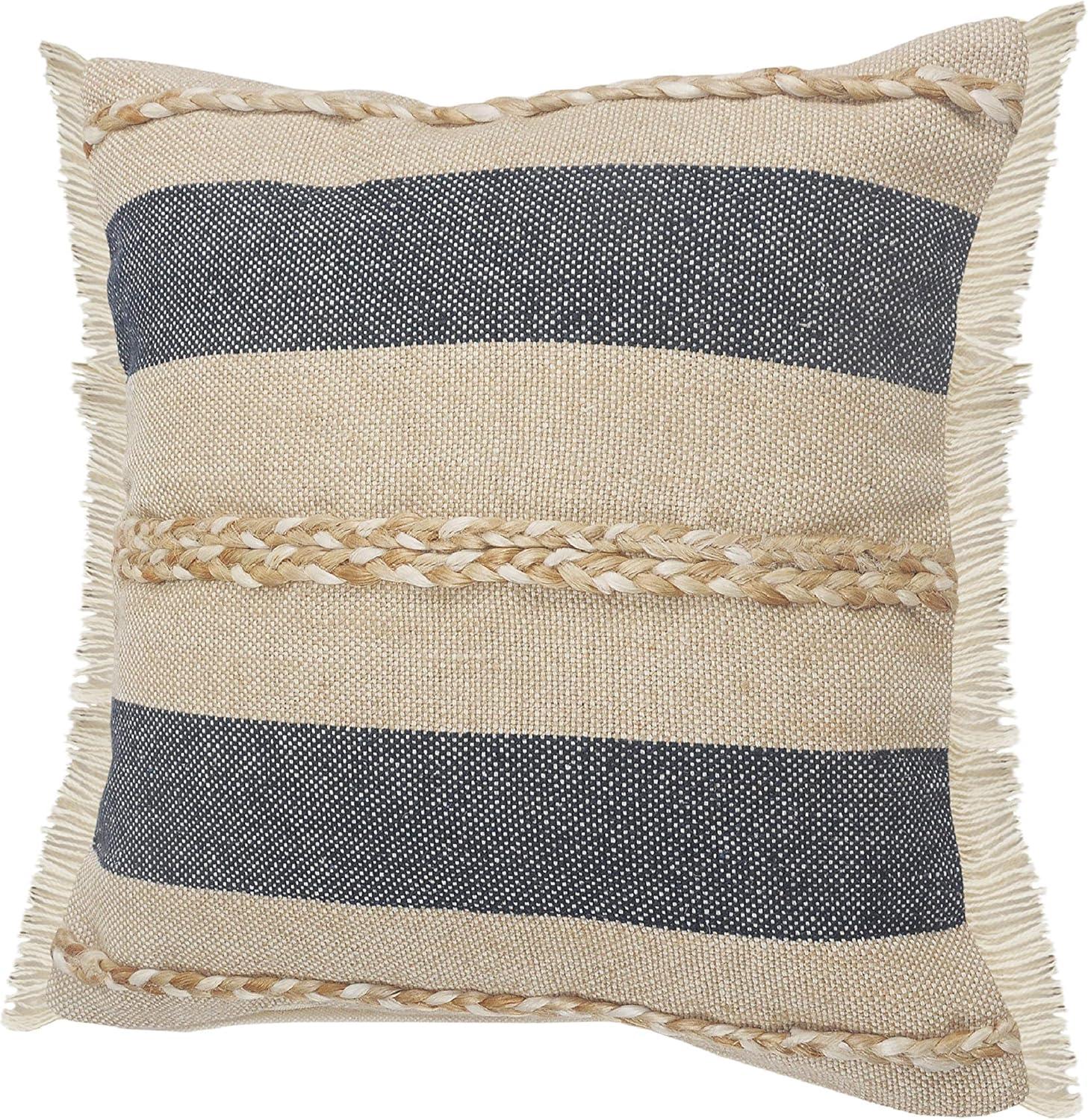 Ox Bay Atlantis Coastal Striped Jute Braiding Fringed Throw Pillow, Blue/Tan/Taupe, 20" Square