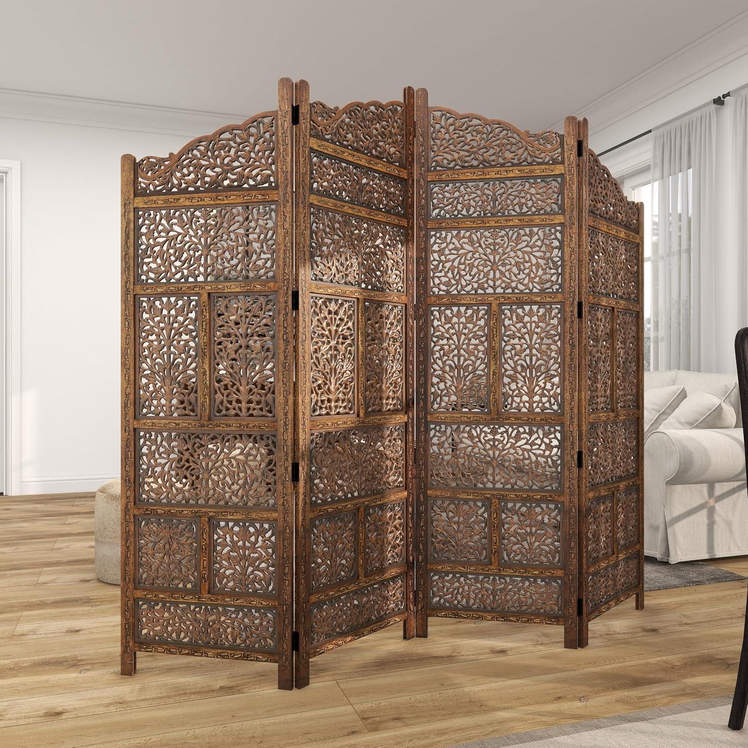 DecMode 80" x 72" Brown Wood Floral Handmade Foldable Arched Partition 4 Panel Room Divider Screen with Intricately Carved Designs, 1-Piece