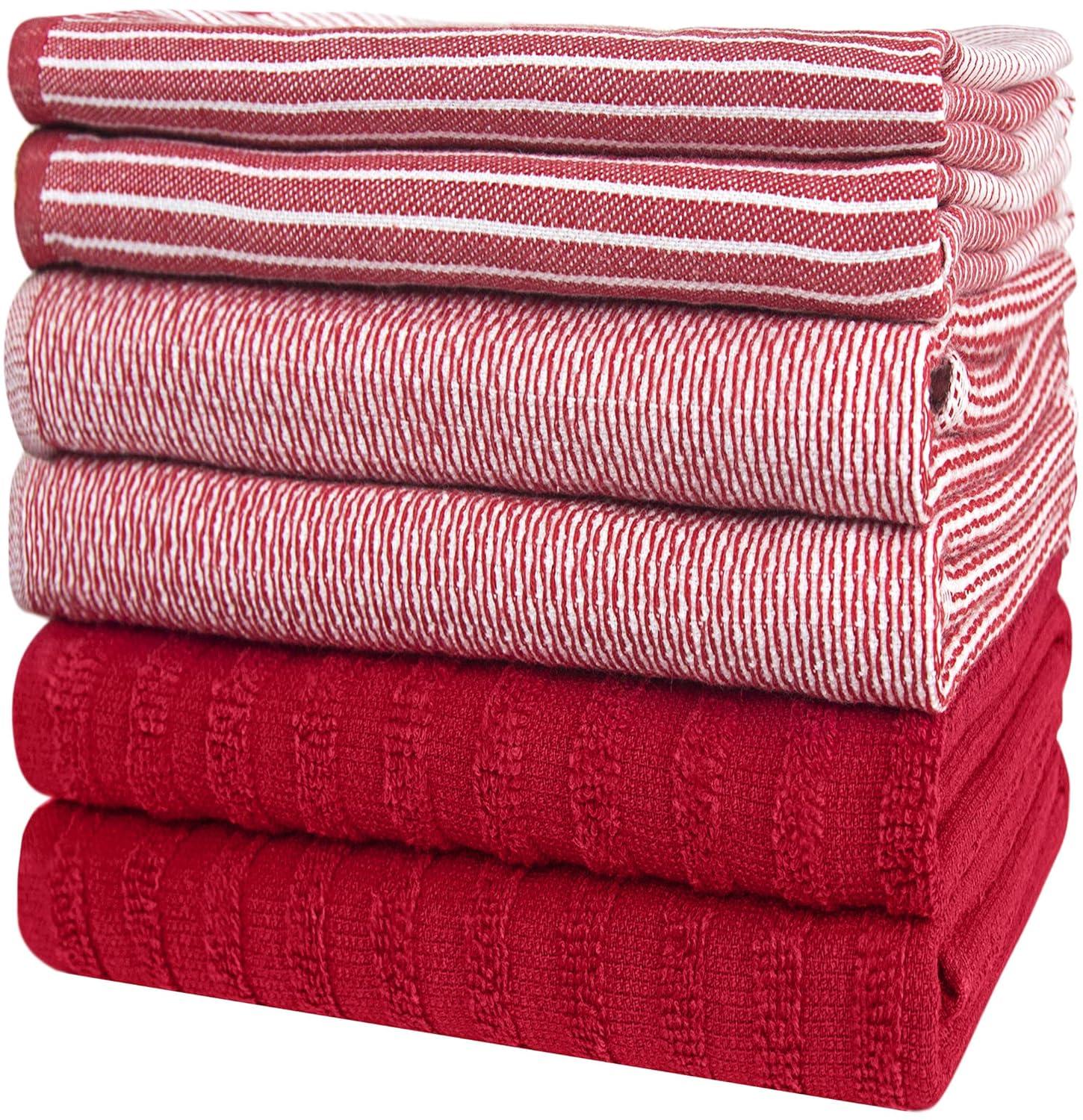 Premium Kitchen Towels (20”x 28”, 6 Pack) – Large Cotton Kitchen Hand Towels – Flat & Terry Towel – Highly Absorbent Tea Towels Set with Hanging Loop (Wide Stripe Red)