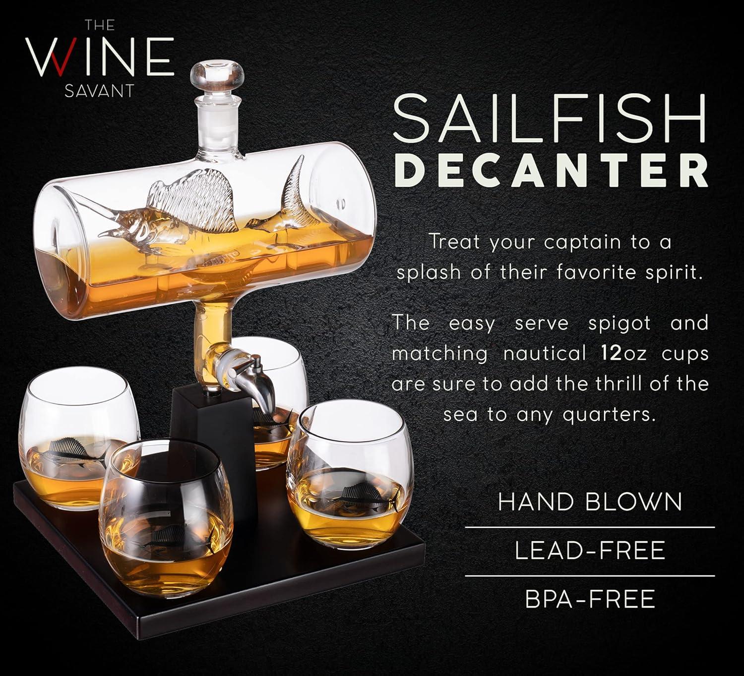 The Wine Savant Sailfish 1.5l Lead-Free Whiskey Decanter, Set of 4