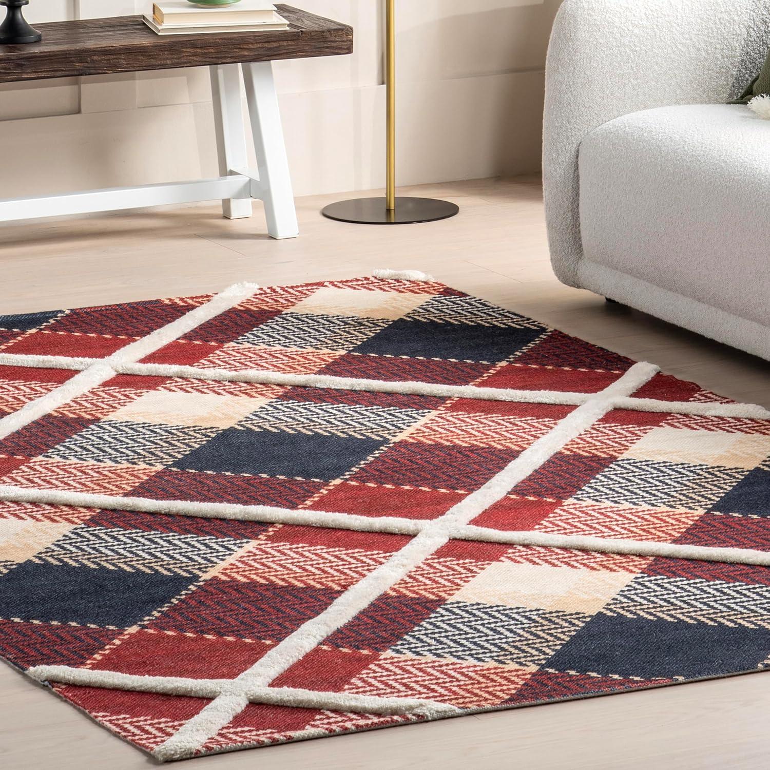 Nuloom Anastasia Plaid 9x12 Wool Indoor Area Rug for Living Room Bedroom Dining Room Kitchen, Red/Dark Blue