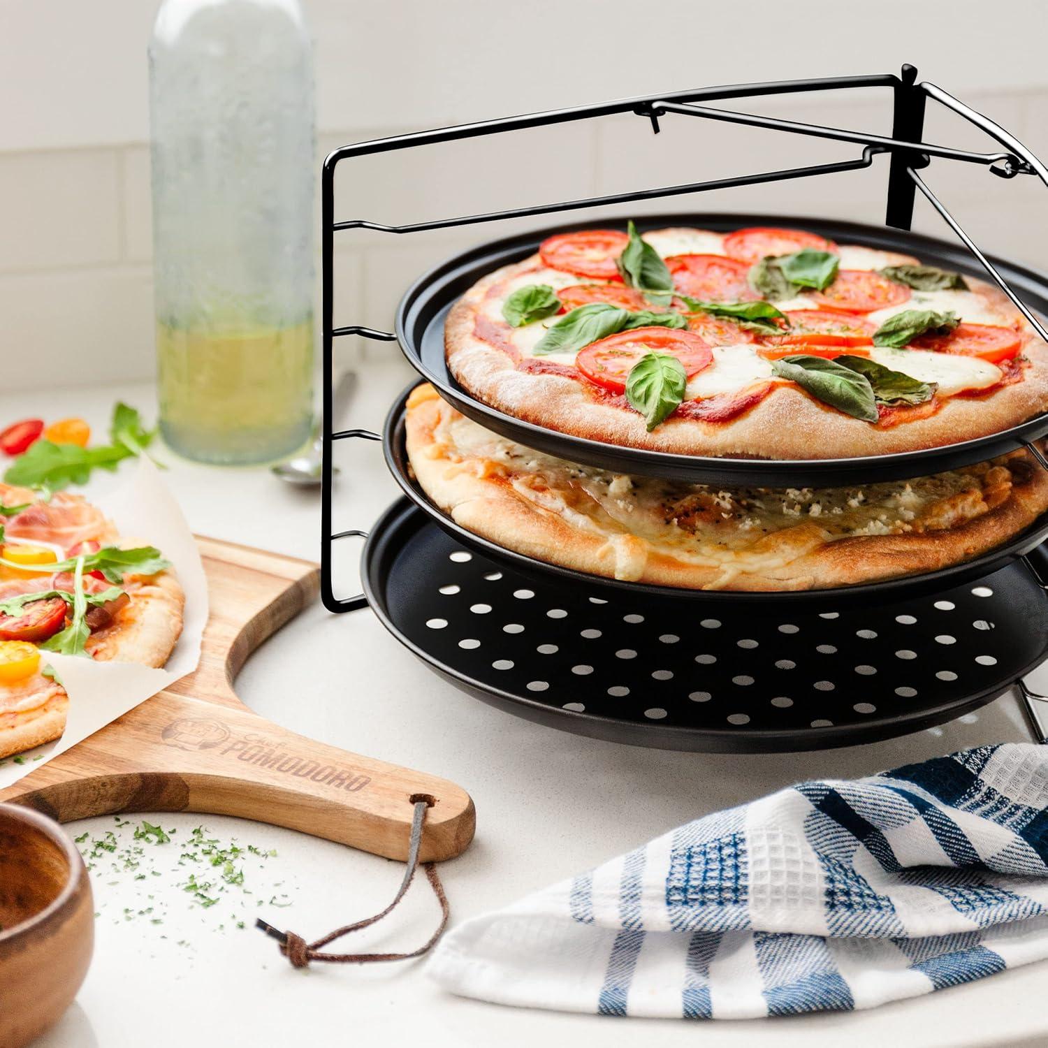 Chef Pomodoro Pizza Baking Set with 3 Pizza Pans 11" and Pizza Rack