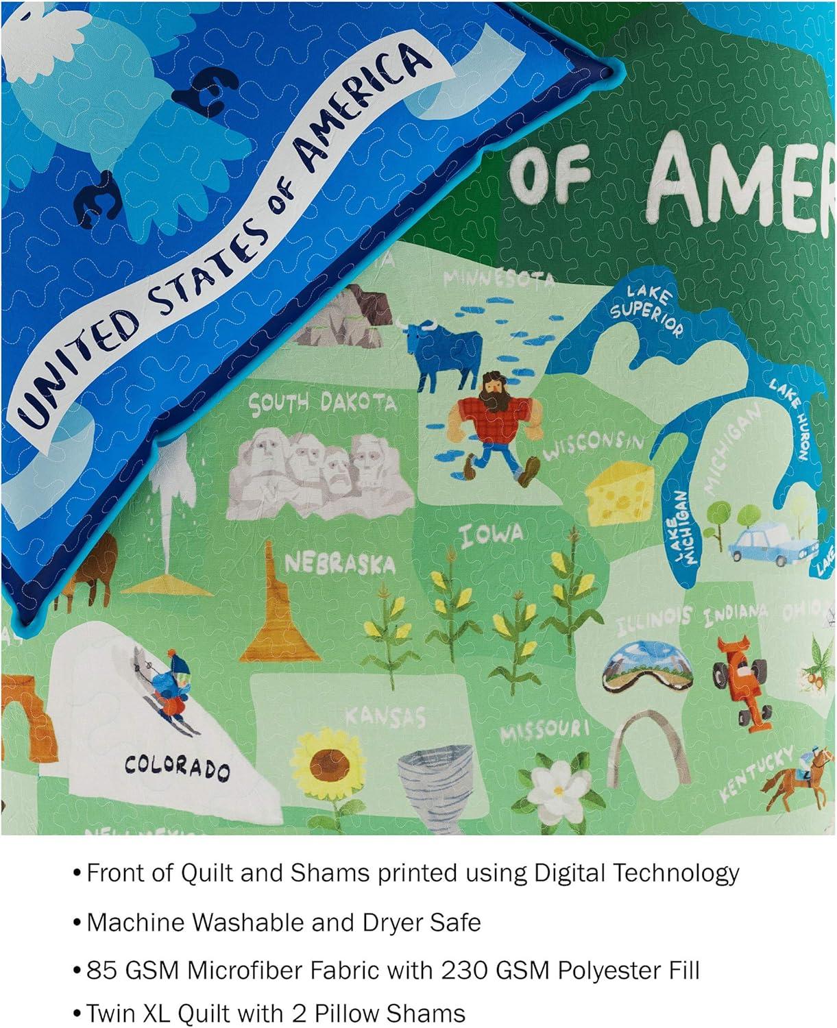 3 Piece Quilt Set- Twin XL Bedding & 2 Pillow Shams-Hypoallergenic Microfiber-Landmarks & Icons of the United States of America by Lavish Homes