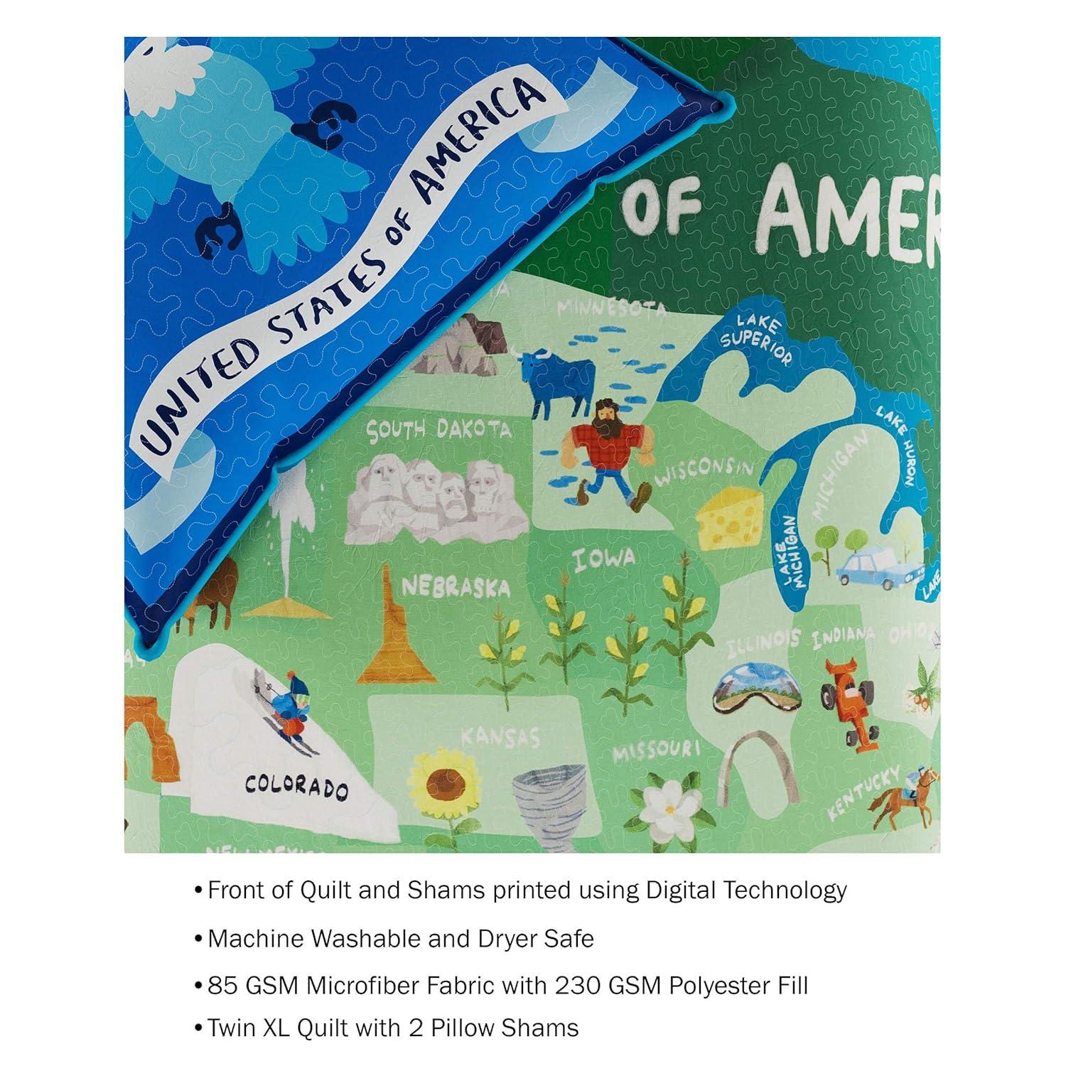 3 Piece Quilt Set- Twin XL Bedding & 2 Pillow Shams-Hypoallergenic Microfiber-Landmarks & Icons of the United States of America by Lavish Homes