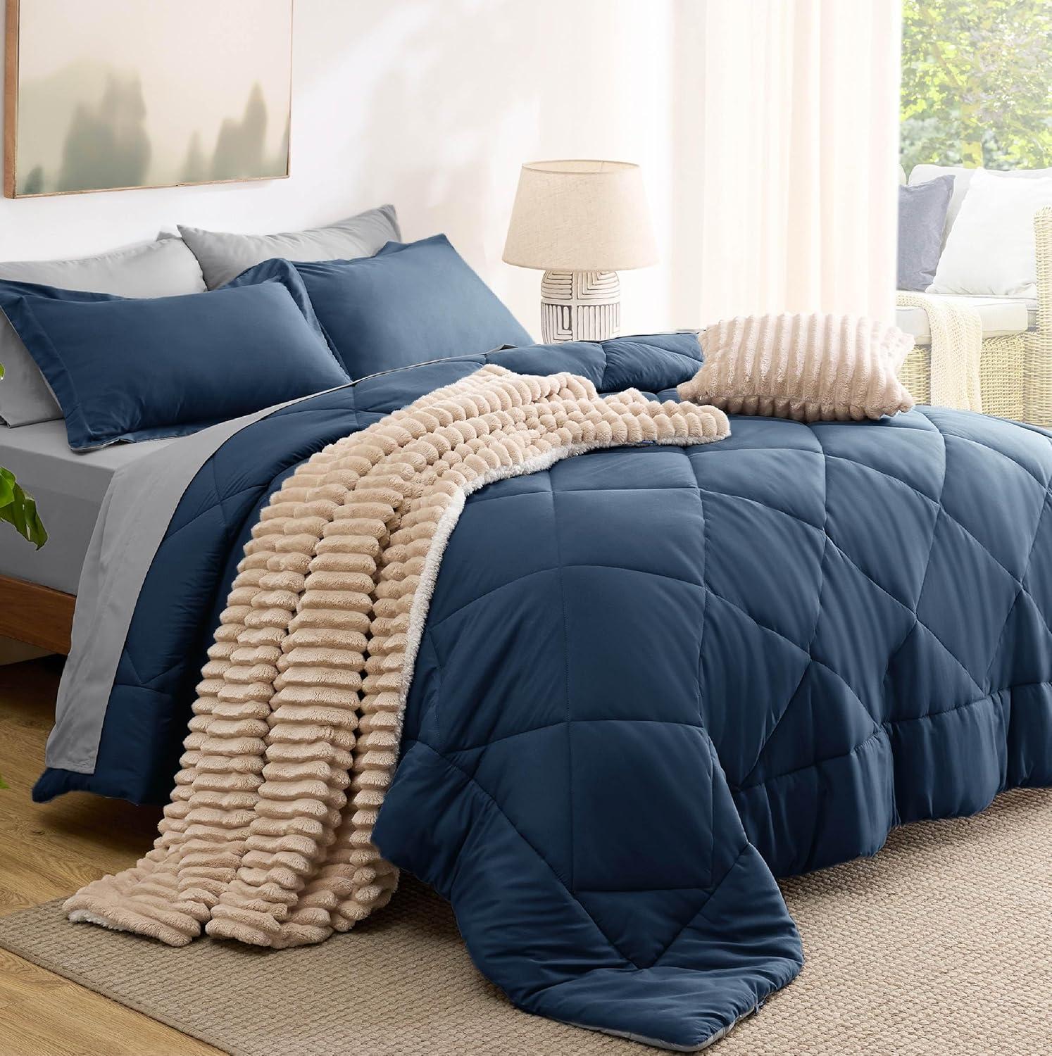 Cozy Comfort Navy Bedding Set Queen - 7 Pieces Reversible Bed Sets in a Bag with Comforters, Sheets, Pillowcases & Shams, Comforter