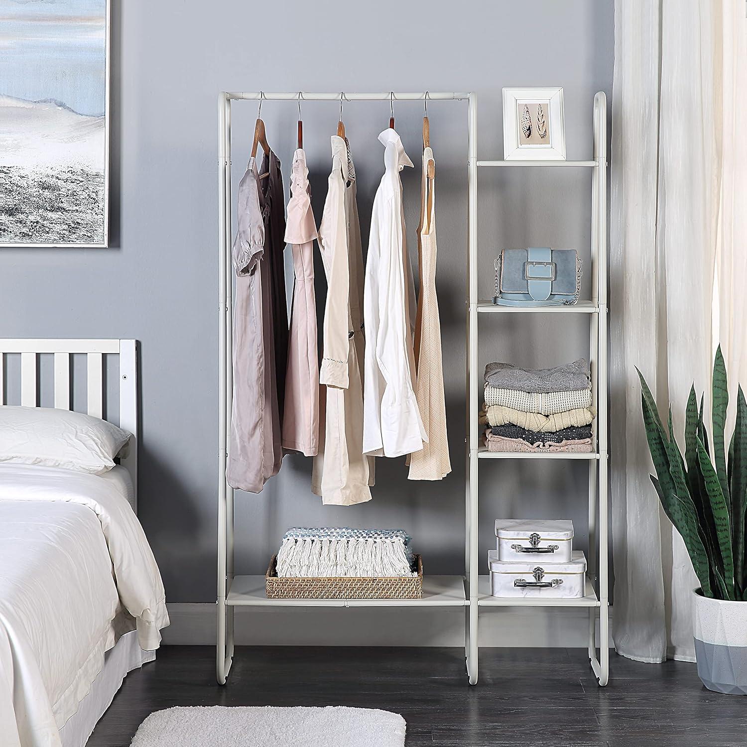 White Metal Freestanding Garment Rack with Shelves