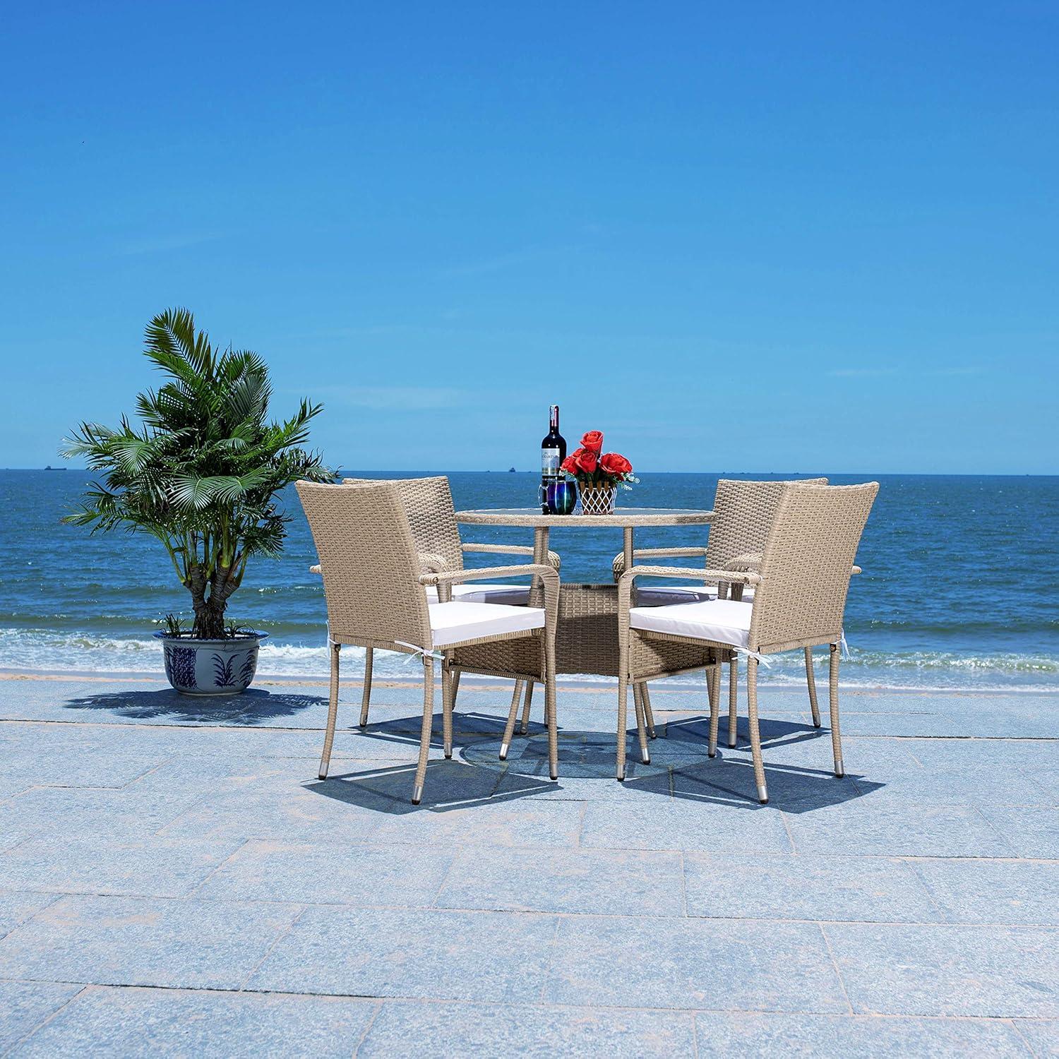 Laina Beige and White Wicker Bistro Set with Cushions