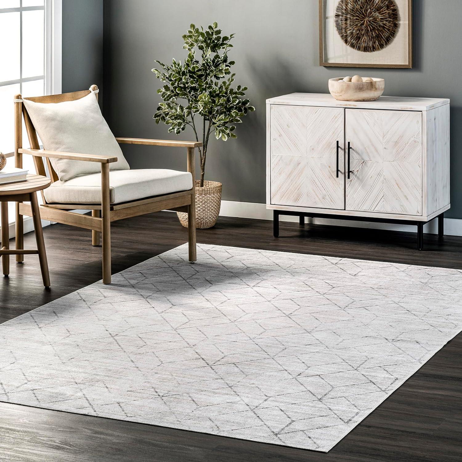 Modern Geometric Light Gray Synthetic Washable Rug, 3' x 5'