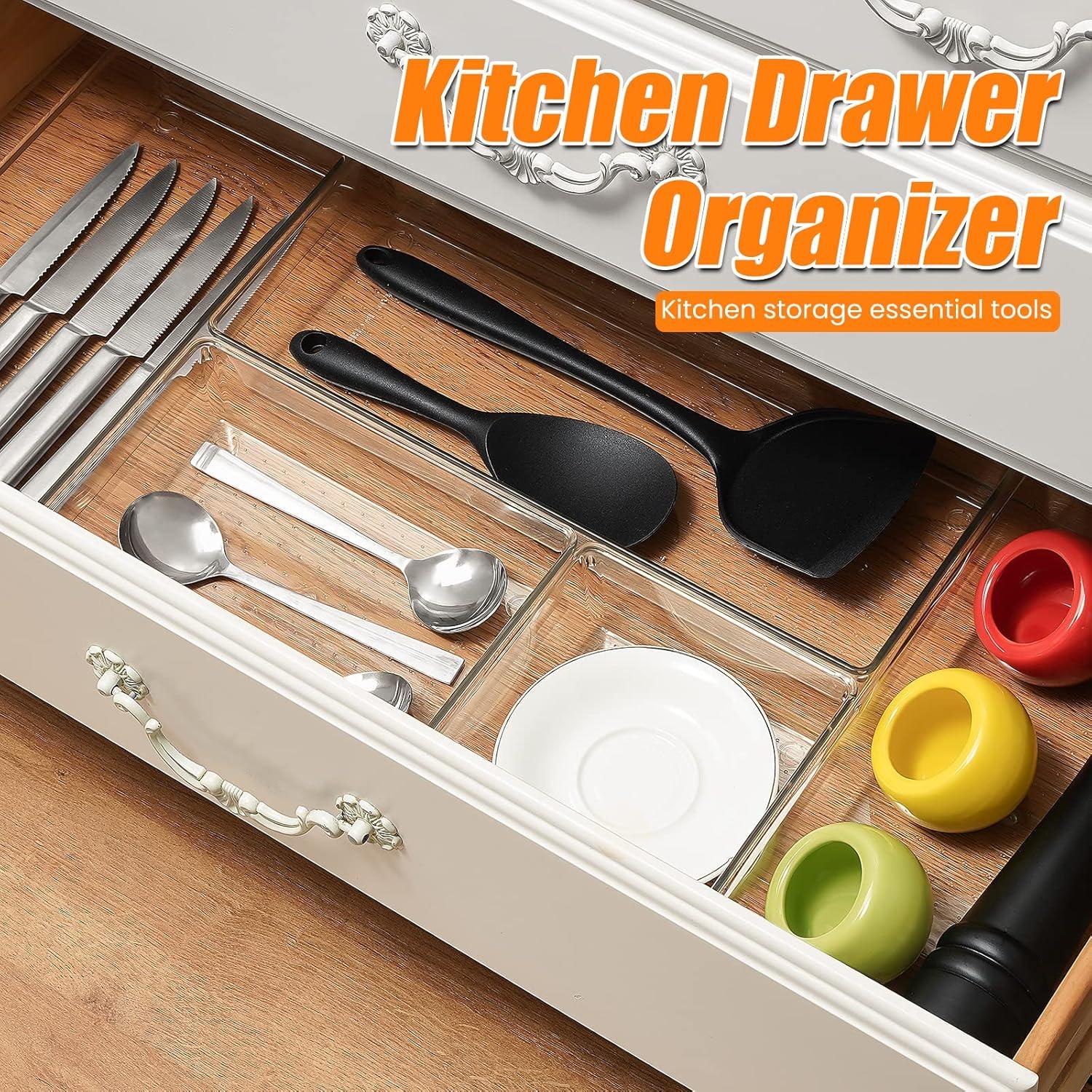 ihomecooker 3 Pack Clear Plastic Drawer Organizer Tray Cutlery Utensil Makeups Drawer Silverware Organizers 12" X 6"… (6P(6X6+6X9+6X15))