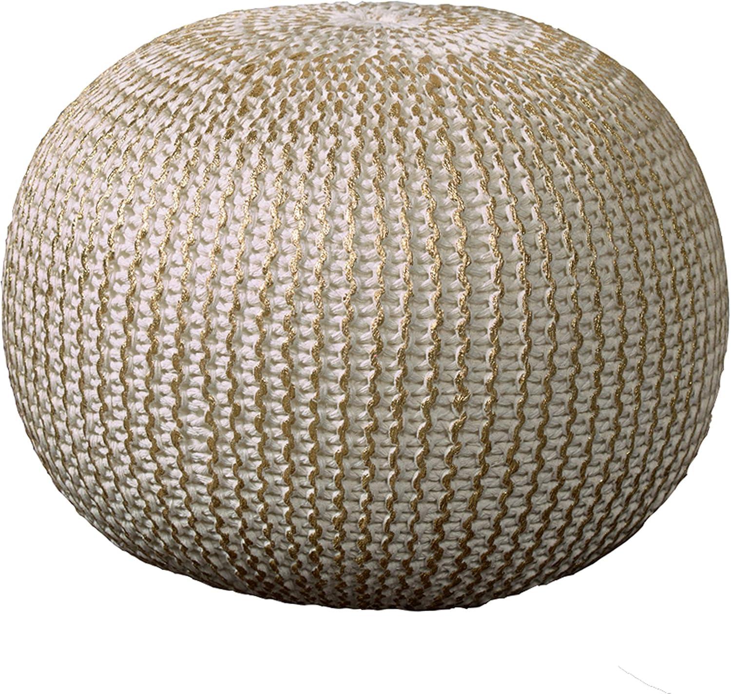 Ox Bay Caitlin Round Solid Print Hand Knitted Cotton Indoor Pouf, White
