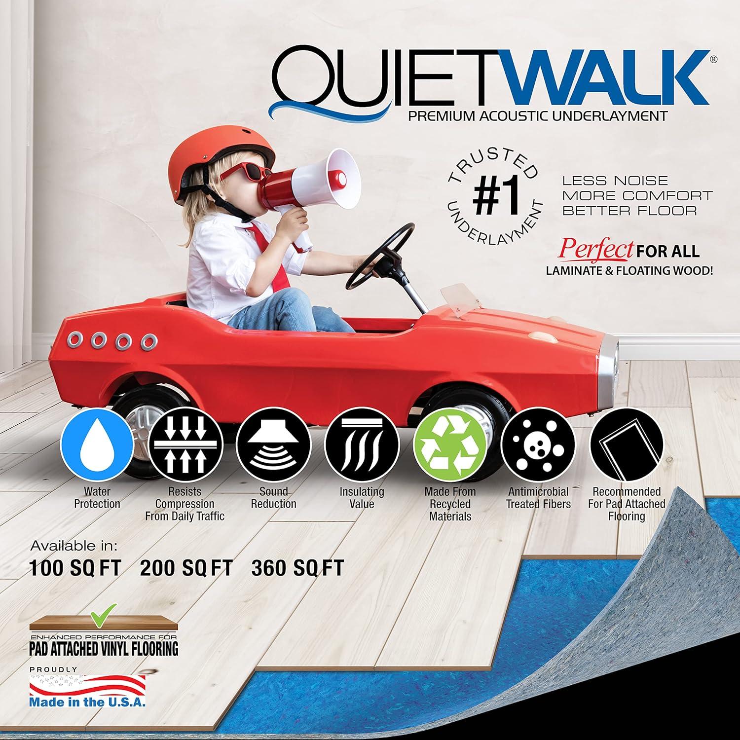 QuietWalk Underlayment 200 sq ft – 3 mm Thick – for Laminate & Hardwood Floors – Approved for Pre-Attached Pad – Recycled Fiber – Floating Install – Sound & Moisture Barrier – Made in USA