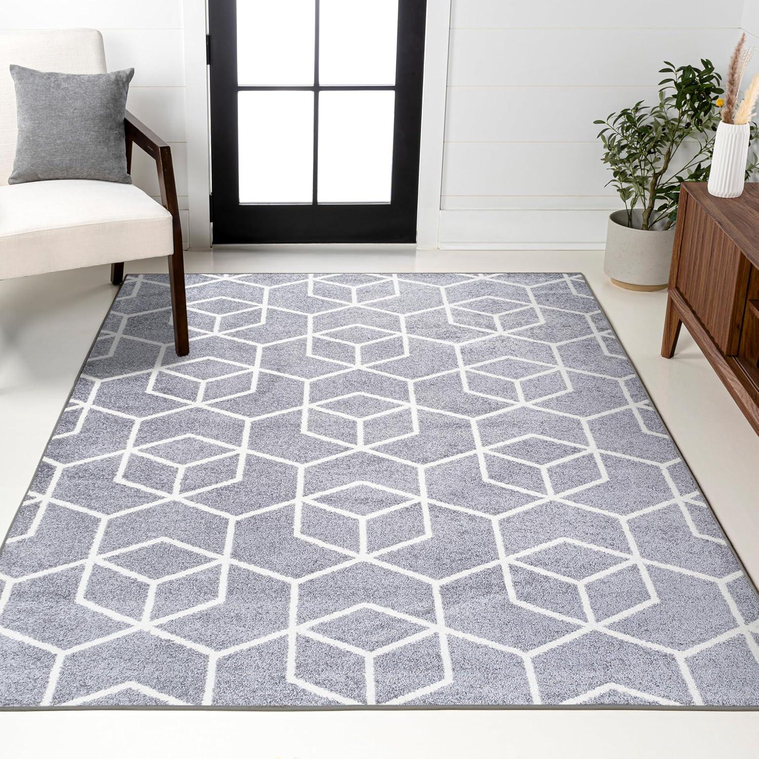 4'x6' Tumbling Blocks Modern Geometric Area Rug, Gray/White - JONATHAN Y