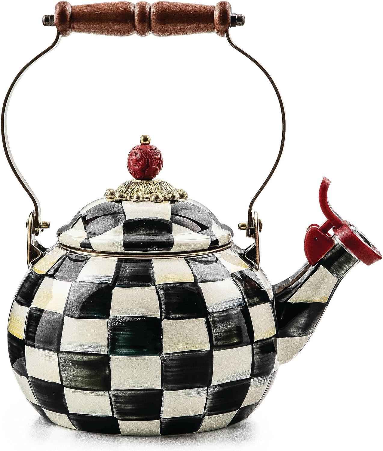 Black and White Checkered Enamel Whistling Tea Kettle with Wood Handle