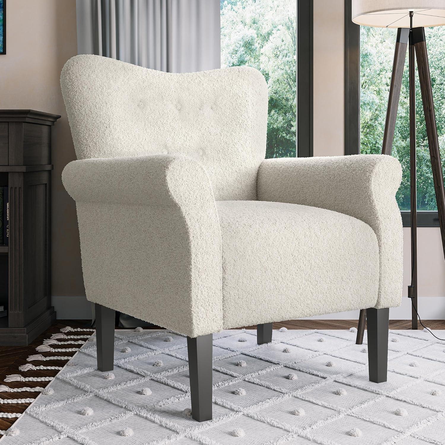 BELLEZE Modern Accent Chair Upholstered Teddy Fleece Armchair for Living Room or Bedroom with Wooden Legs, High Back Rest, Padded Armrest, and Comfortable Cushioned Seat - Allston (White)