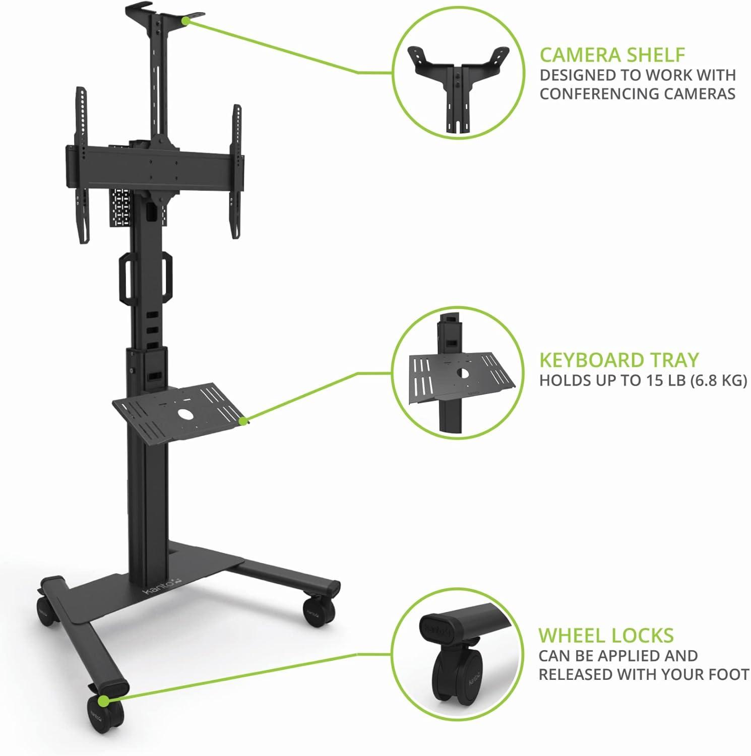 Black Adjustable Rolling TV Stand with Keyboard Tray for 37-77 Inch Screens