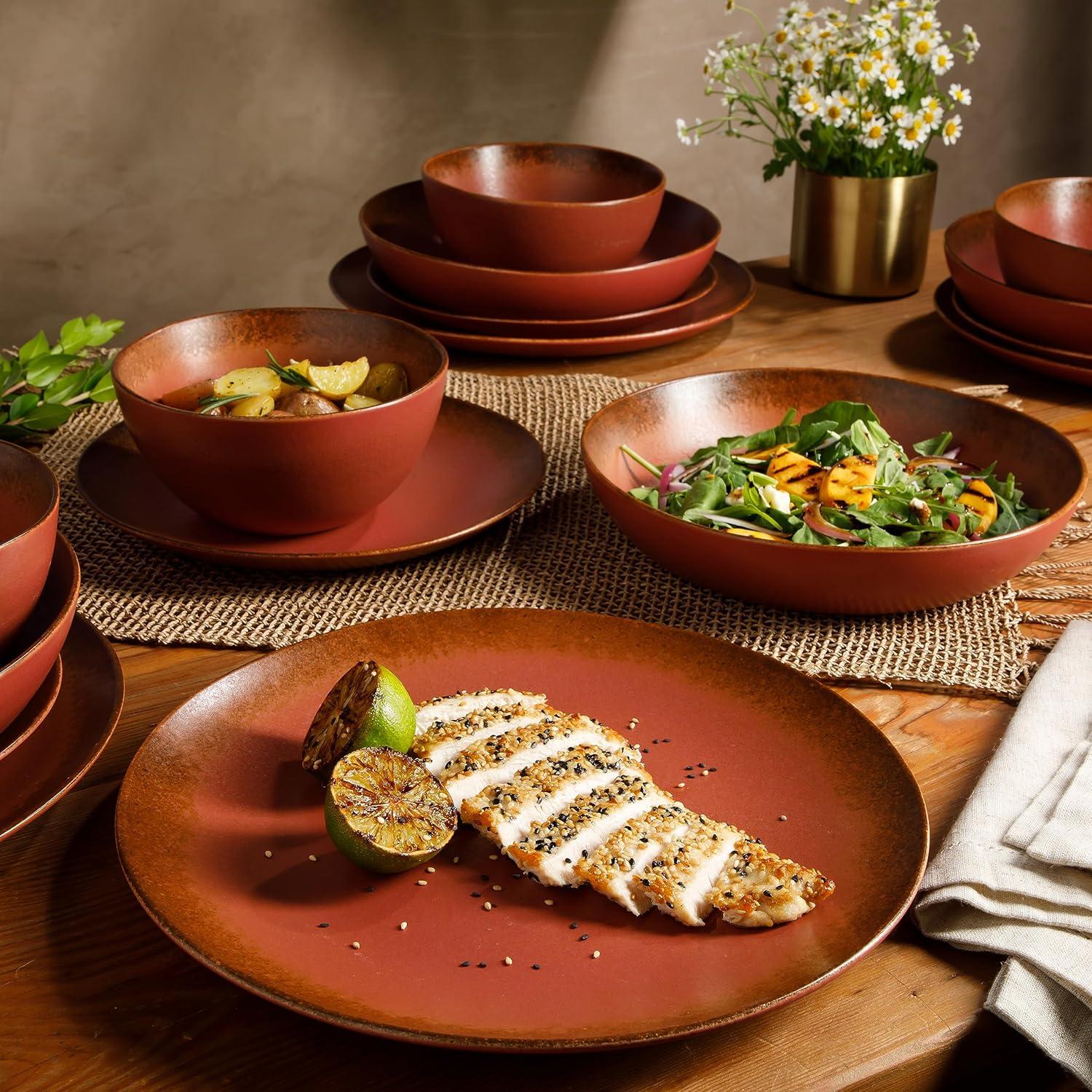 Paprika Red Ceramic Variegated Glaze Bowl Set for 4