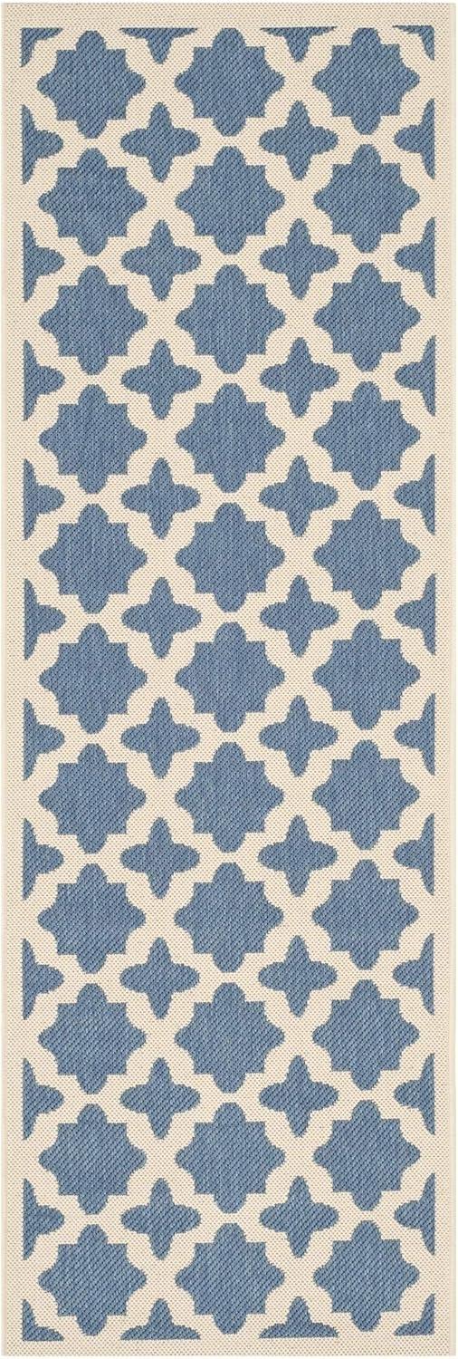 Elegant Blue and Beige 27'' x 120'' Synthetic Indoor/Outdoor Runner Rug