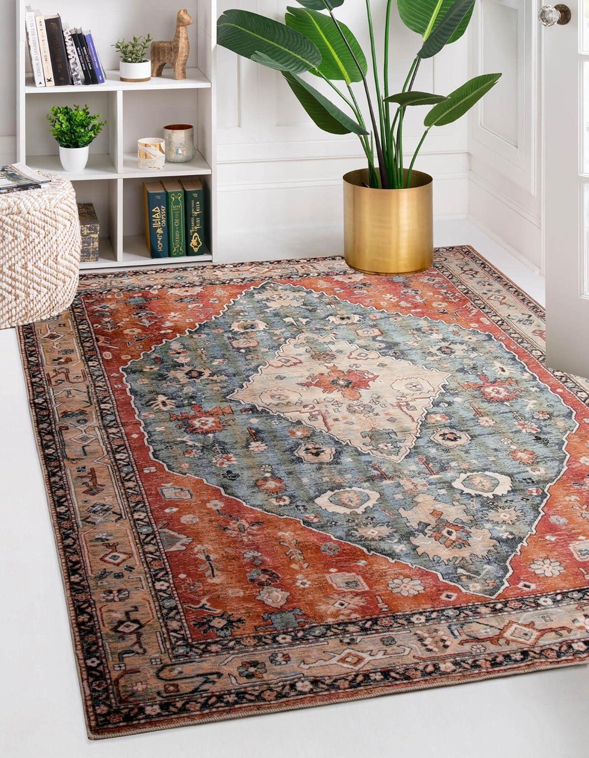 Aqua and Rust Geometric Tribal 5' x 7' Washable Rug