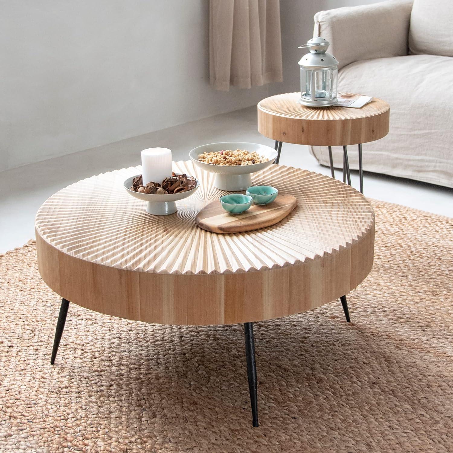 Farmhouse Round Coffee Table Set of 2, Modern Nesting Table w/Natural Wood Finish, Boho Circle Center Table for Living Room Tiny Home (Radial Pattern)