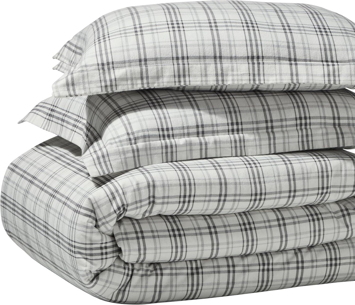 Superior Plaid Flannel Cotton Duvet Set, Fuzzy Warm Duvet Cover, Rustic Farmhouse Bedding, Basics, Comforter Cover, Includes 1 Duvet Cover, 2 Pillow Shams, King/California King, Charcoal