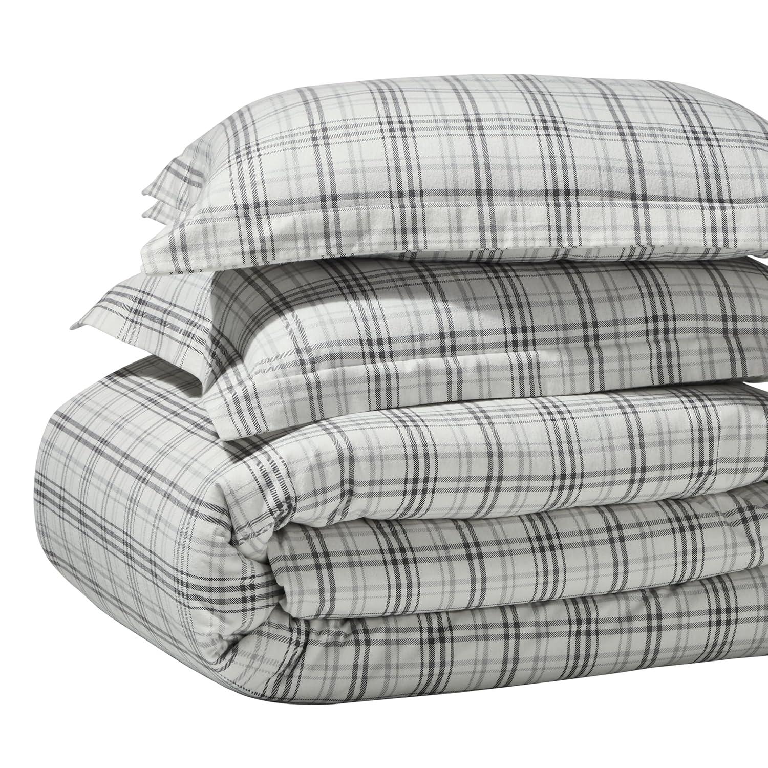 Superior Plaid Flannel Cotton Duvet Set, Fuzzy Warm Duvet Cover, Rustic Farmhouse Bedding, Basics, Comforter Cover, Includes 1 Duvet Cover, 2 Pillow Shams, King/California King, Charcoal