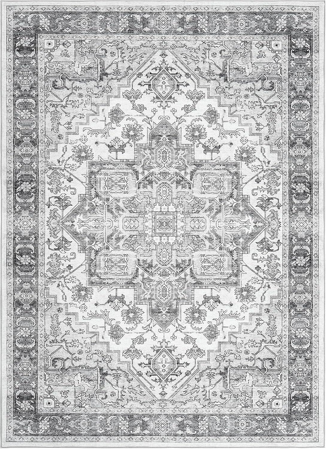 Tzou Washable Area Rug 9x12 for Living Room Retro Boho Chic Medallion Distressed Design Indoor Non-Slip Carpet for Bedroom Office(Grey)