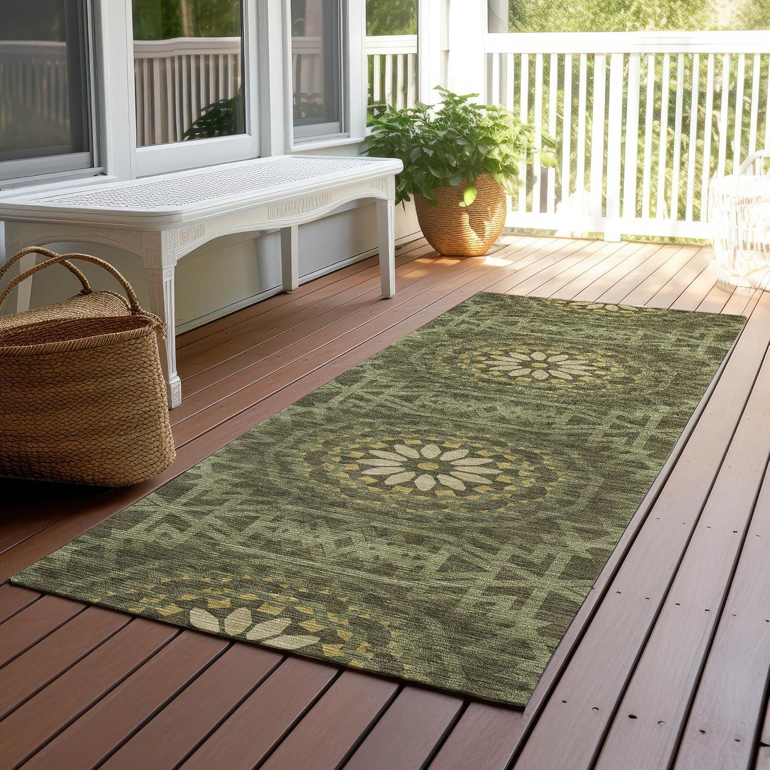 Olive Green Synthetic Flat Woven Runner Rug with Medallion Pattern