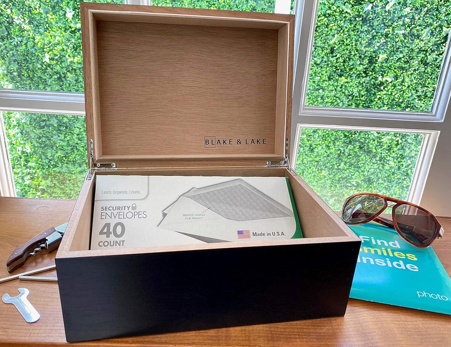 Black Wooden Storage Box with Hinged Lid and Locking Key- Large Keepsake Box with Lock - Wood Chest with Matte Finish - Store Jewelry Keepsakes Photos Gift Boxes (Black)