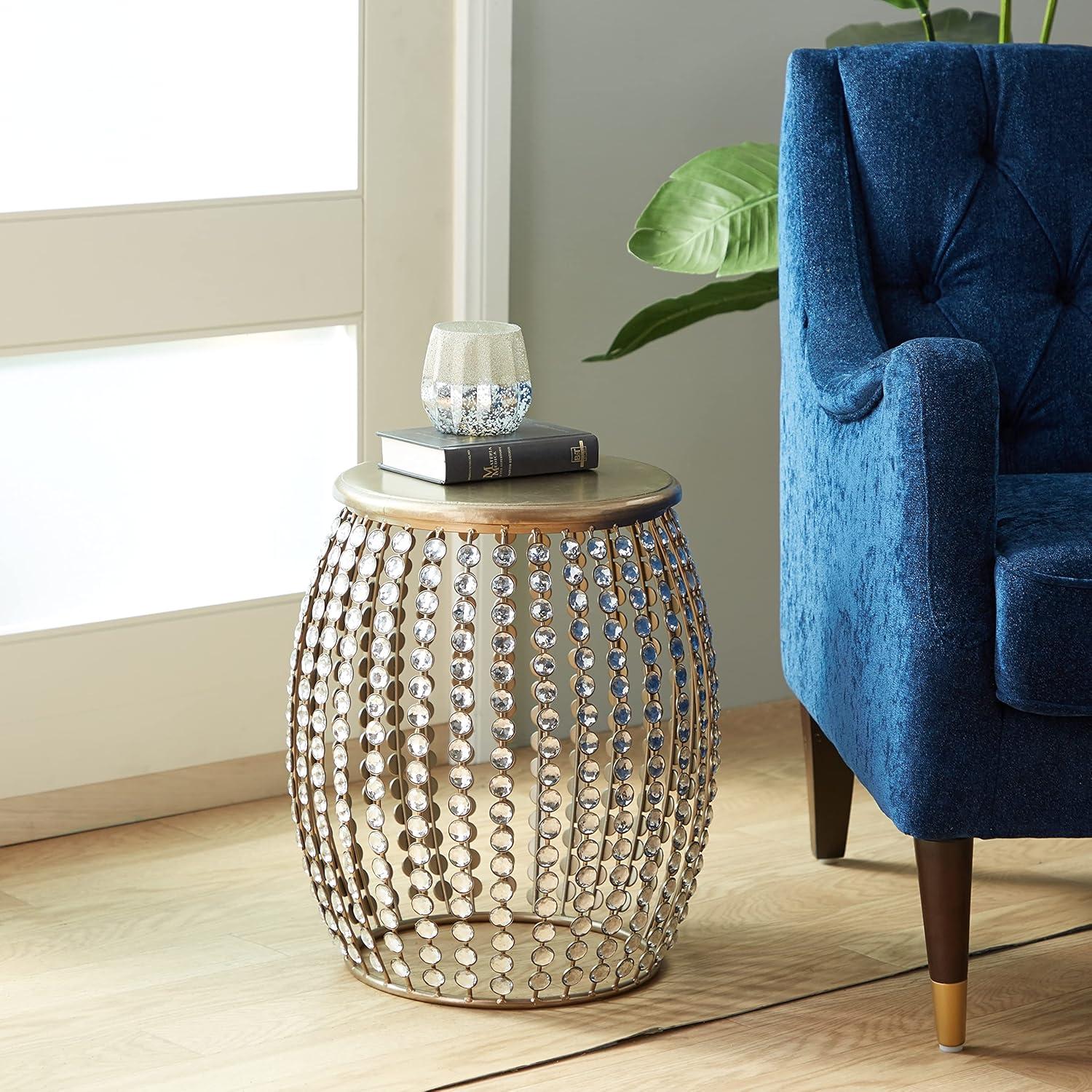 Elegant Gold 20" Round Wood & Metal Accent Table with Crystal Embellishments