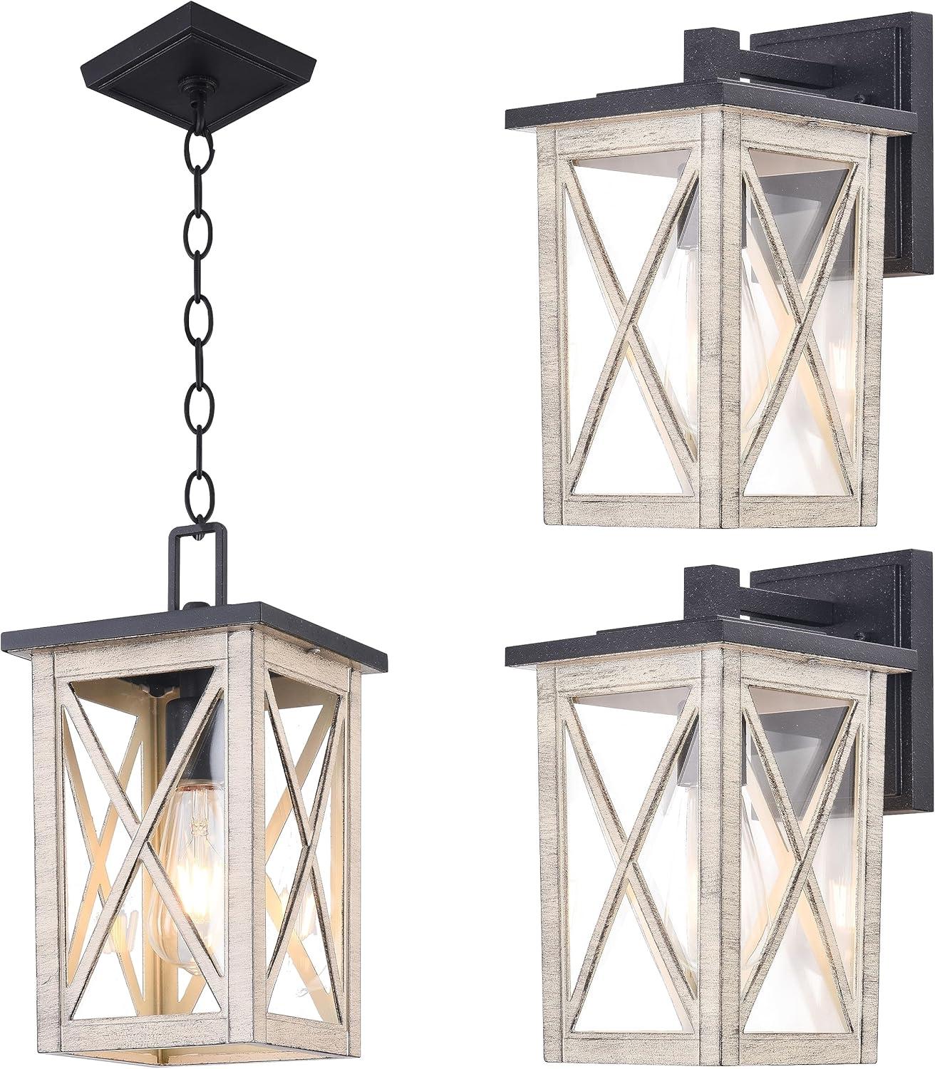 Light Wood Grain Glass Outdoor Pendant Lantern