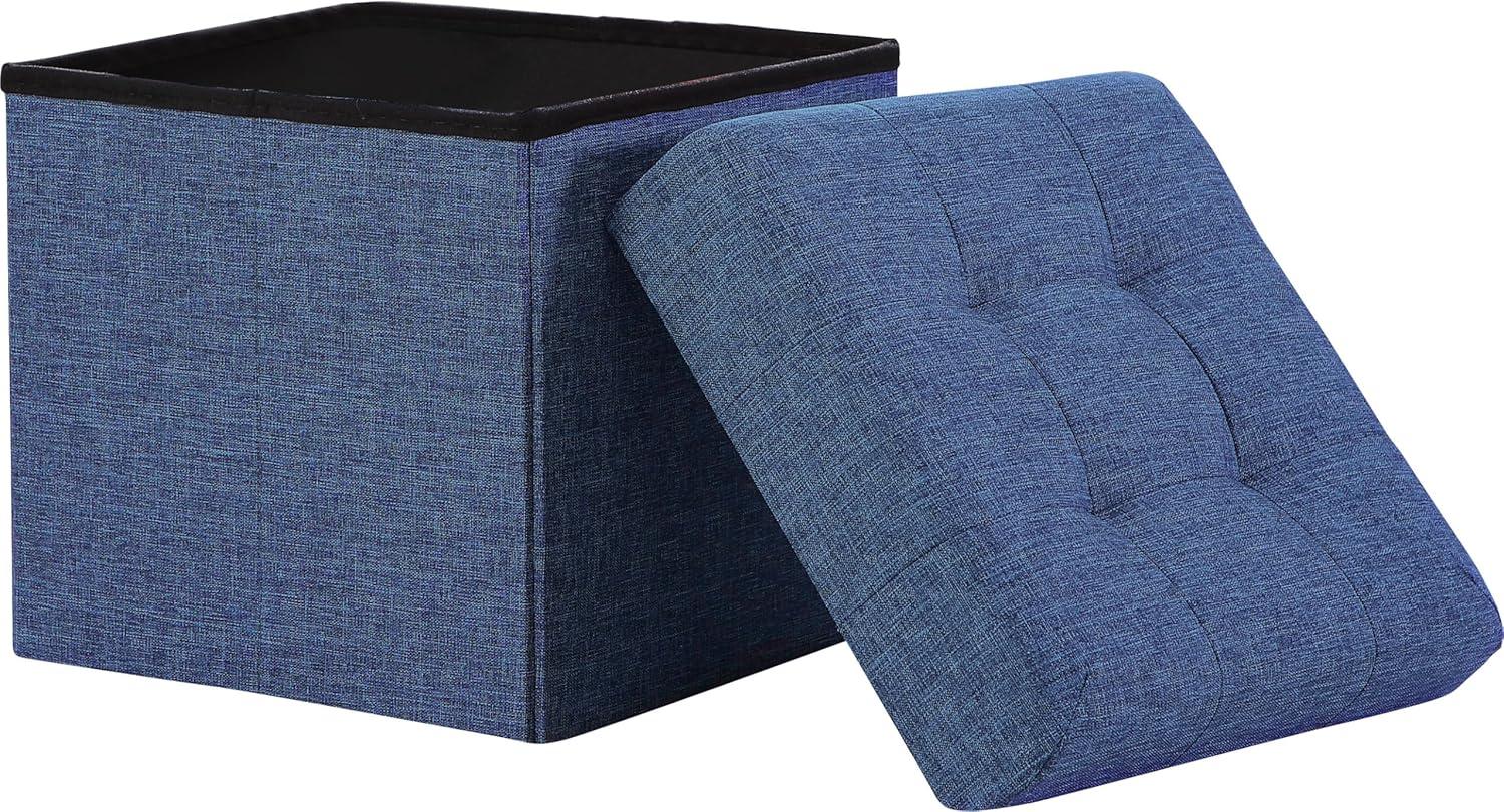 Ornavo Home Foldable Tufted Linen Storage Ottoman Cube Foot Rest Stool Seat - 15" x 15" (Navy Blue)