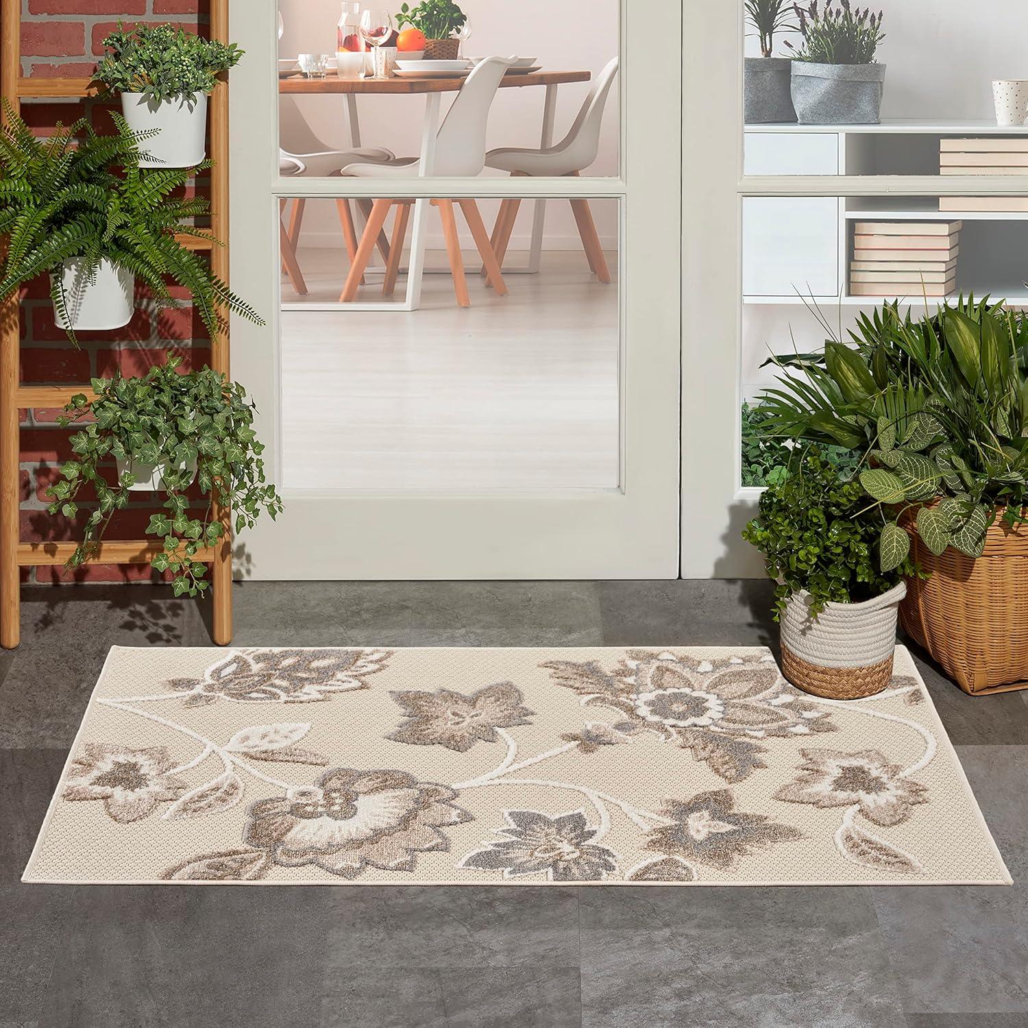 Nourison Aloha Floral Farmhouse Flatweave High-Low Indoor Outdoor Area Rug Beige 2'8" x 4'