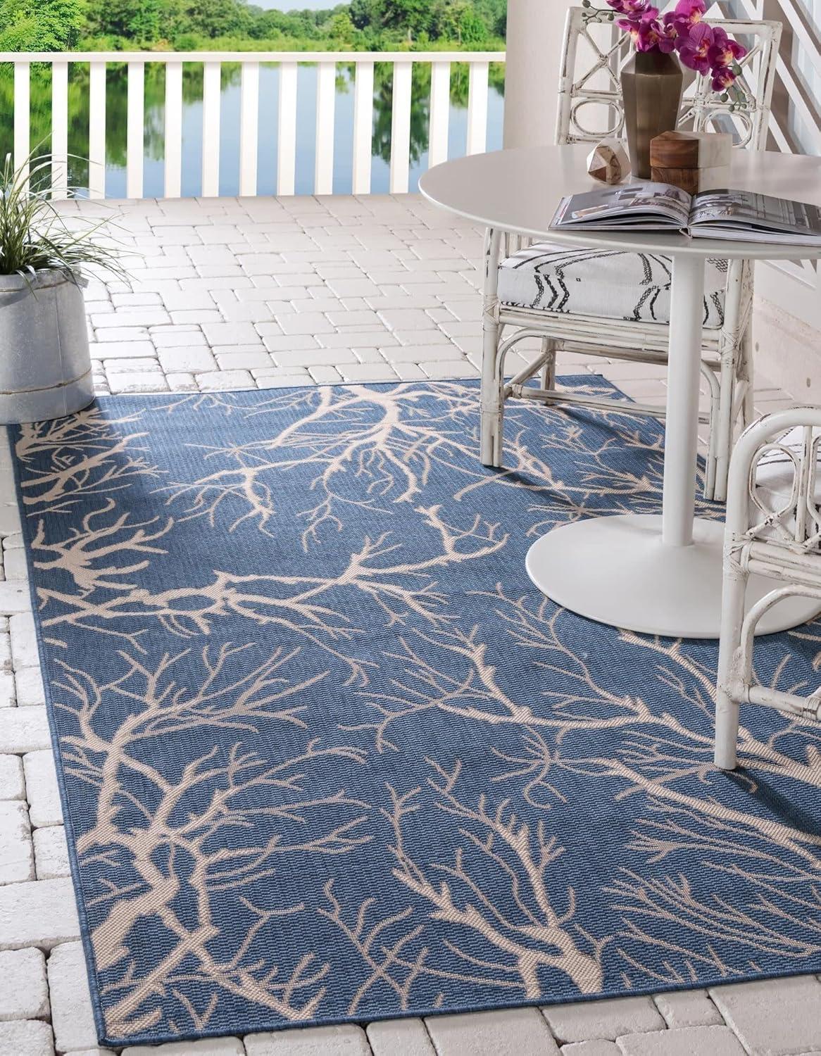 Reversible Blue Synthetic 4' x 6' Easy-Care Outdoor Rug